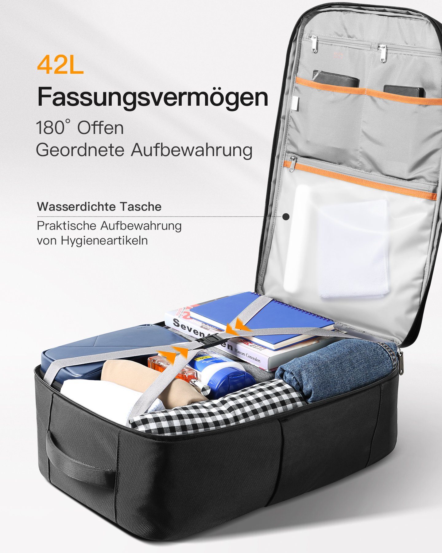 Inateck Reiserucksack 42L Großer wasserdichtes Kabinenrucksack, Diebstahlschutz Handgepäck, mit Zahlenschloss, RFID-sichere Tasche