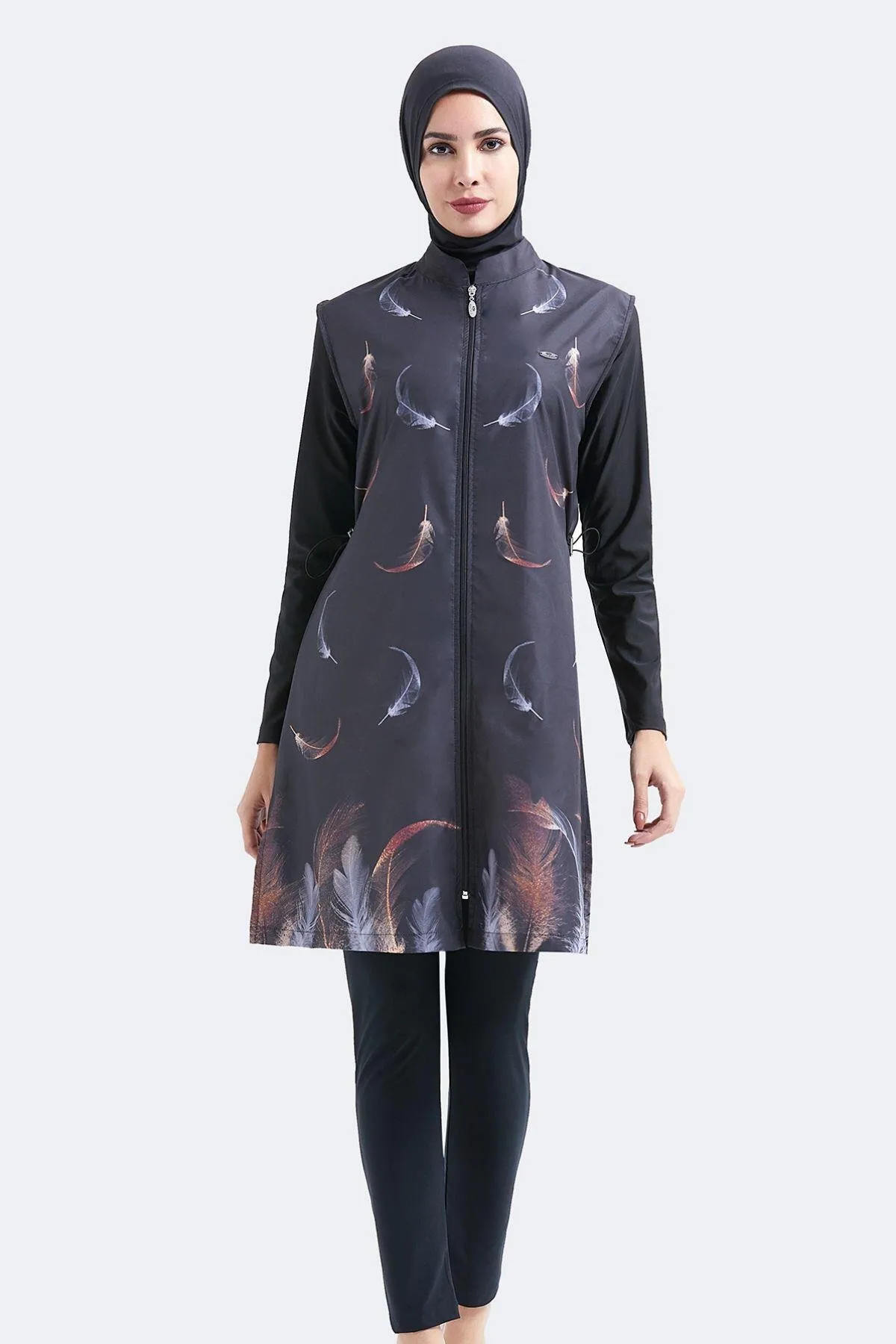C&City  Vollständig bedeckter 4-teiliger Hijab-Badeanzug mit Reißverschluss C14102 Schwarz