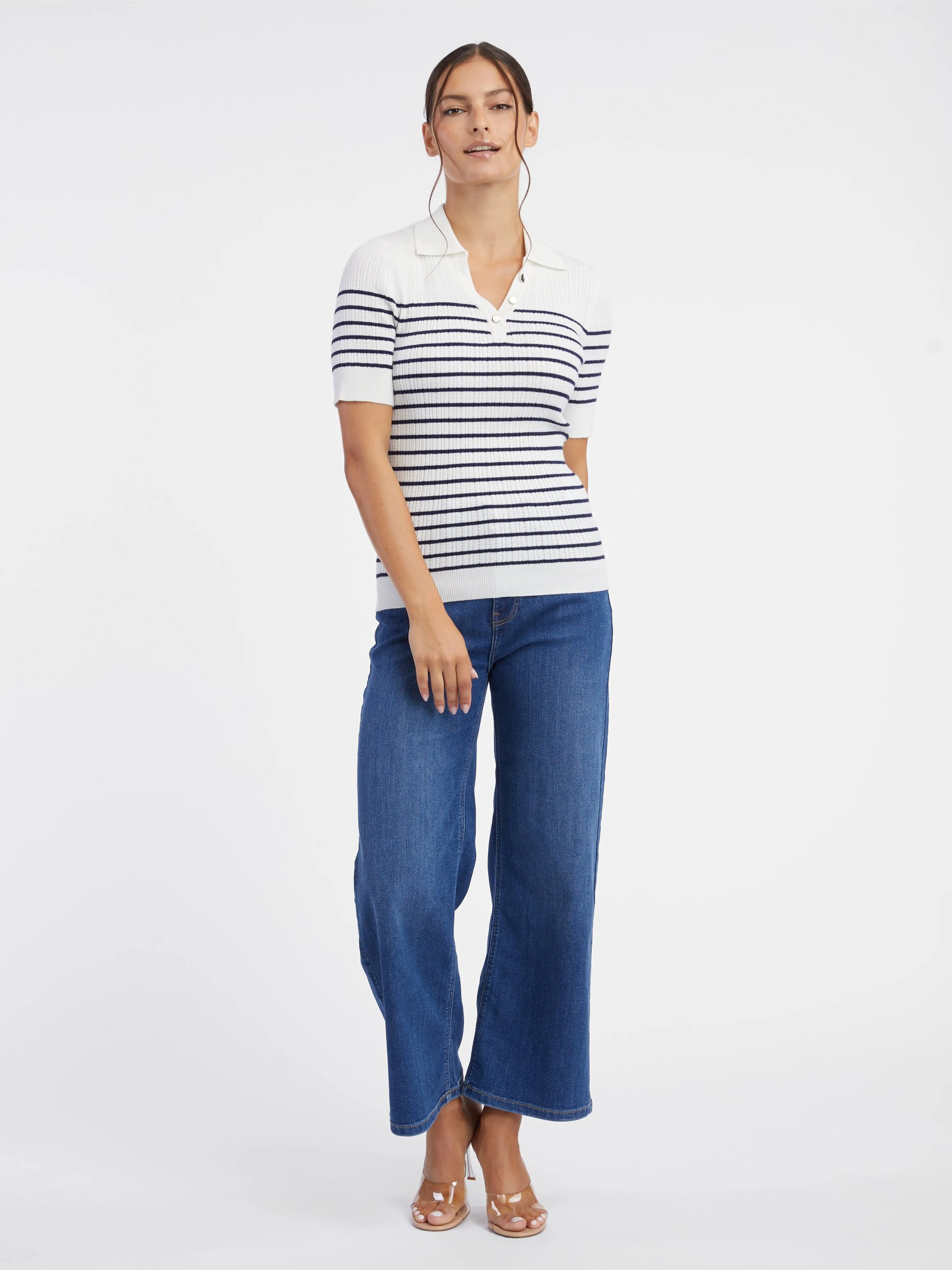 Cremefarbenes gestreiftes Damen-Poloshirt ORSAY