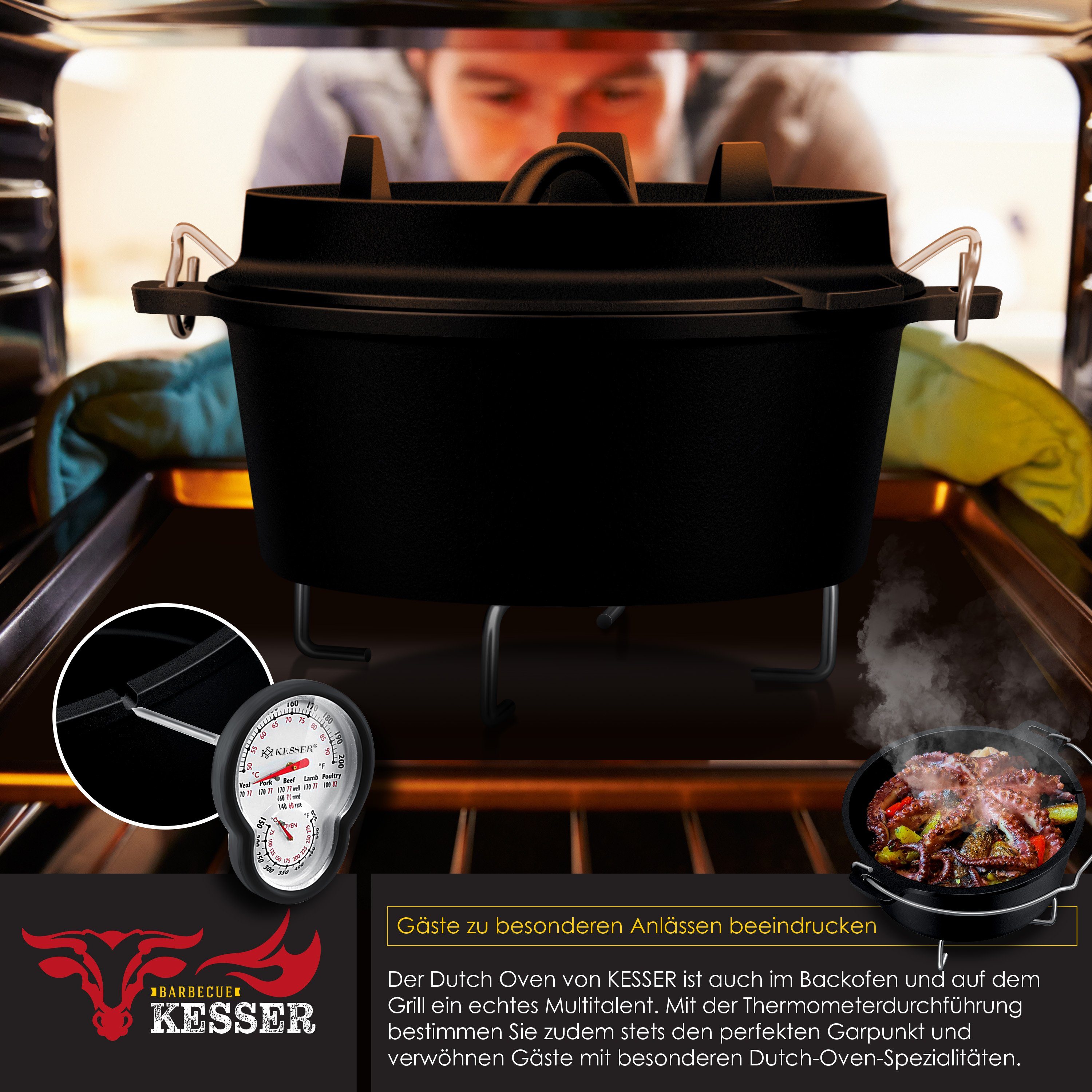 KESSER Feuertopf, Gußeisen, Dutch Oven Set BBQ Feuertopf Schmortopf, Gusseisen Topf