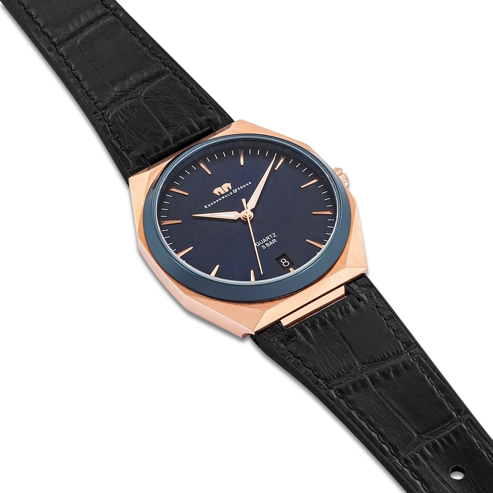 Rhodenwald & Söhne Montre à quartz Cooledge en Or rose Cuir véritable/silicone en Noir Montre