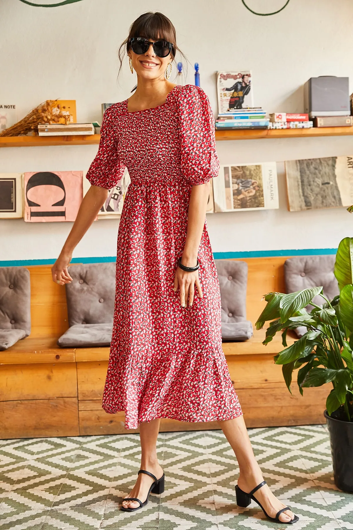 Olalook  Rotes Gimped-Freizeitkleid aus gewebter Viskose für Damen ELB-19001483