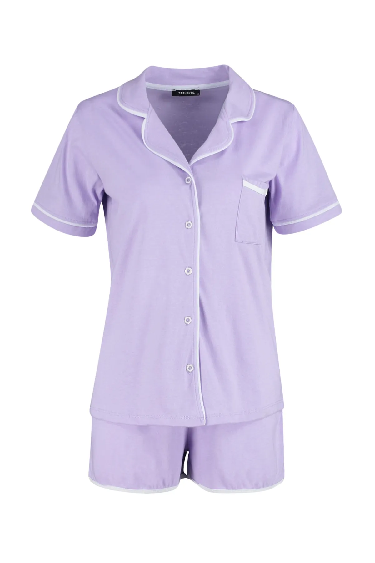 Trendyol Collection  Lilafarbenes, gestricktes Pyjama-Set aus Hemd und Shorts aus 100 % Baumwolle mit Paspelierung THMSS20PT0406