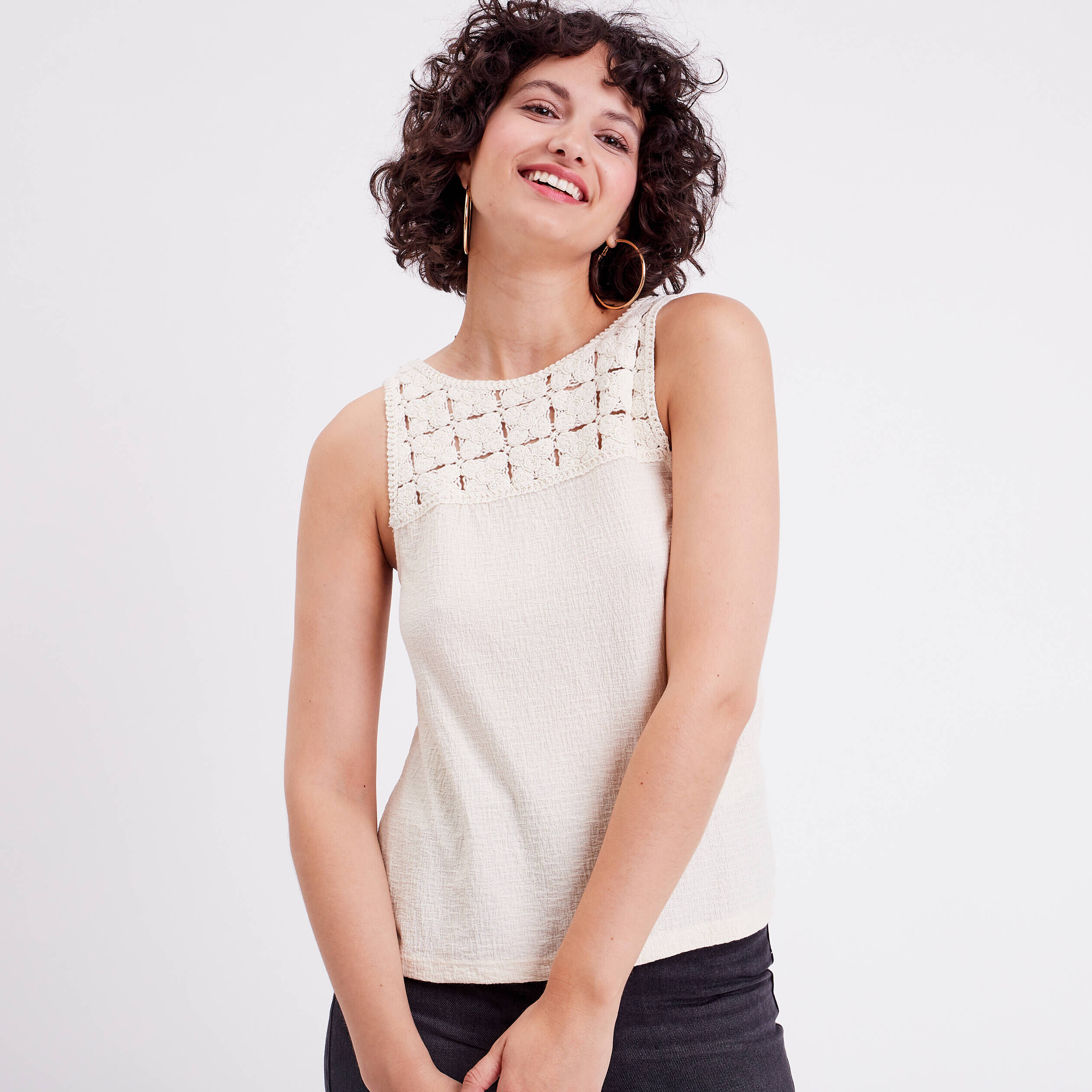 Débardeur col macramé ecru femme | Cache Cache