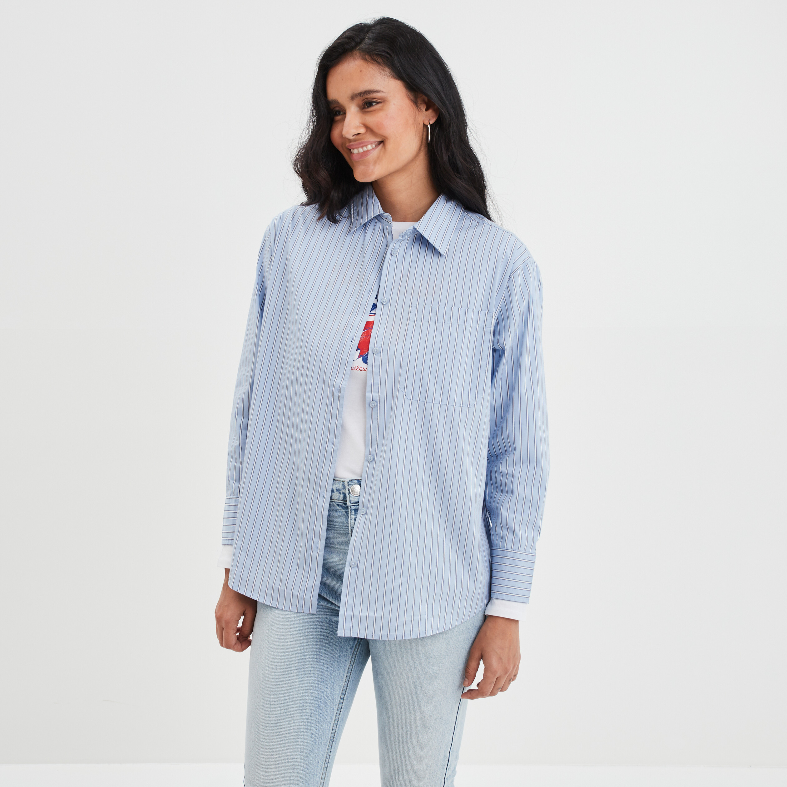 Chemise oversize manches longues bleu ciel femme | La Halle