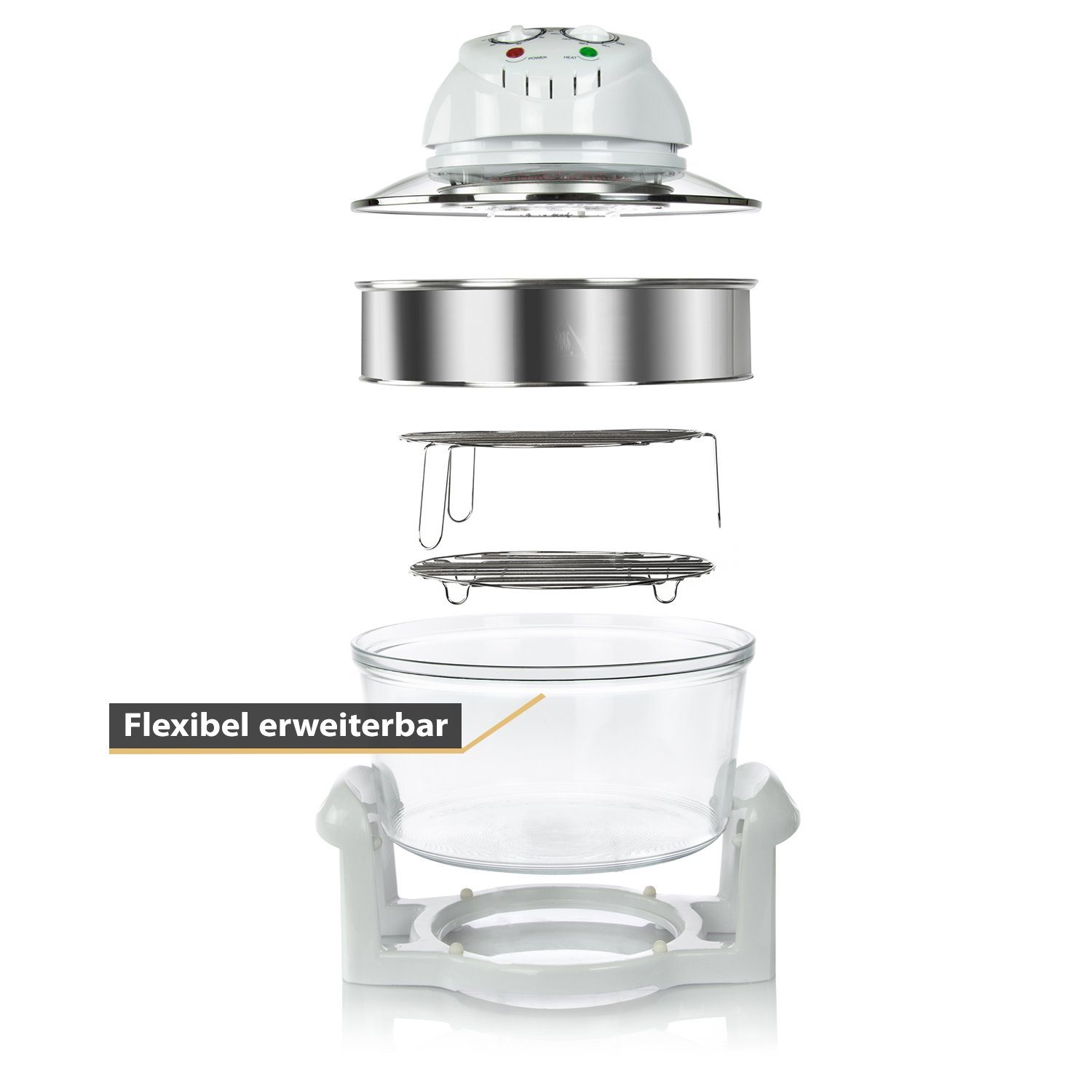 TZS FIRST AUSTRIA Minibackofen Halogenofen 1400W, Heissluftofen 17L, bis 250°C, Mini Backofen Weiß, Halogen Ofen mit Erweiterungsring, Umluftofen