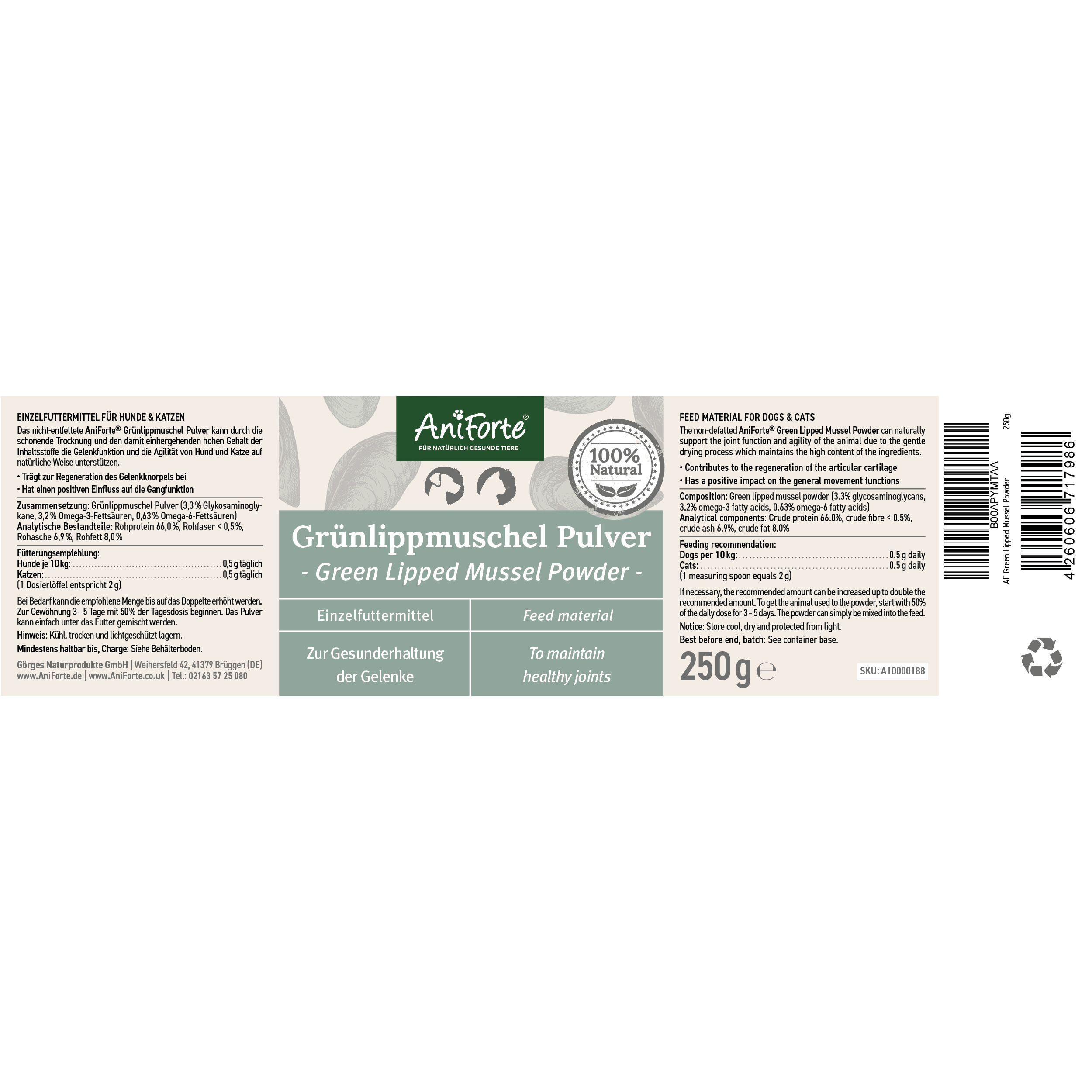 Aniforte Ergänzungsfutter & Aufzucht Aniforte Grünlippmuschelpulver Vollfettqualität 250 g