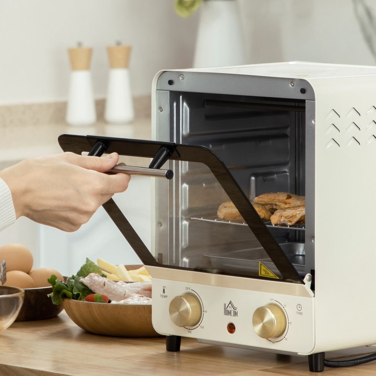 HOMCOM 15L Minibackofen mit Umluft, 1000 W Pizza-Ofen mit Timer, 60-230, Creme