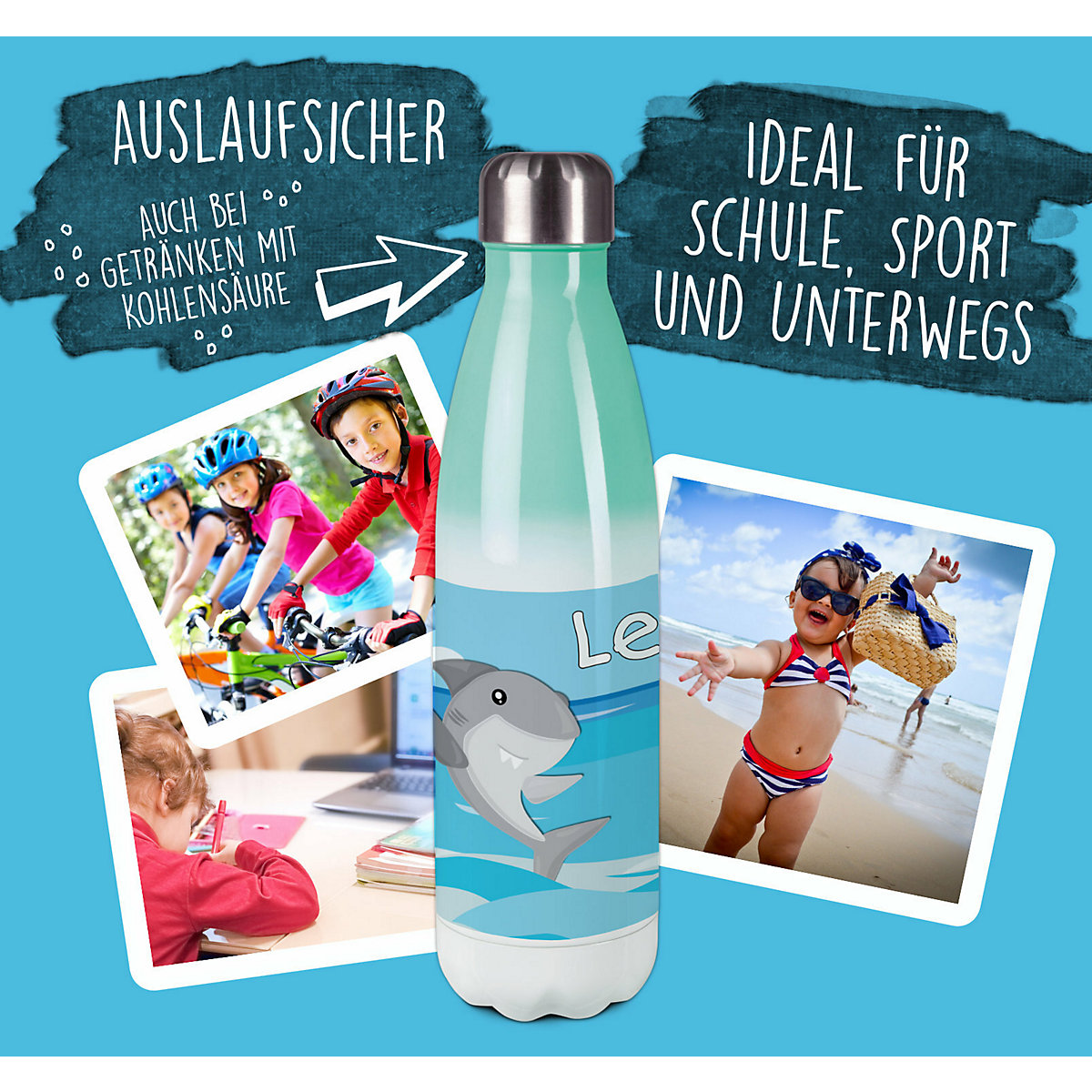 Edelstahl Kinder Thermoflasche / Trinkflasche bunt Hai Spülmaschinenfest, Auslaufsicher, Bruchfest, Doppelwandig, Für Heißgetränke geeignet, Mit Deckel, Isoliert