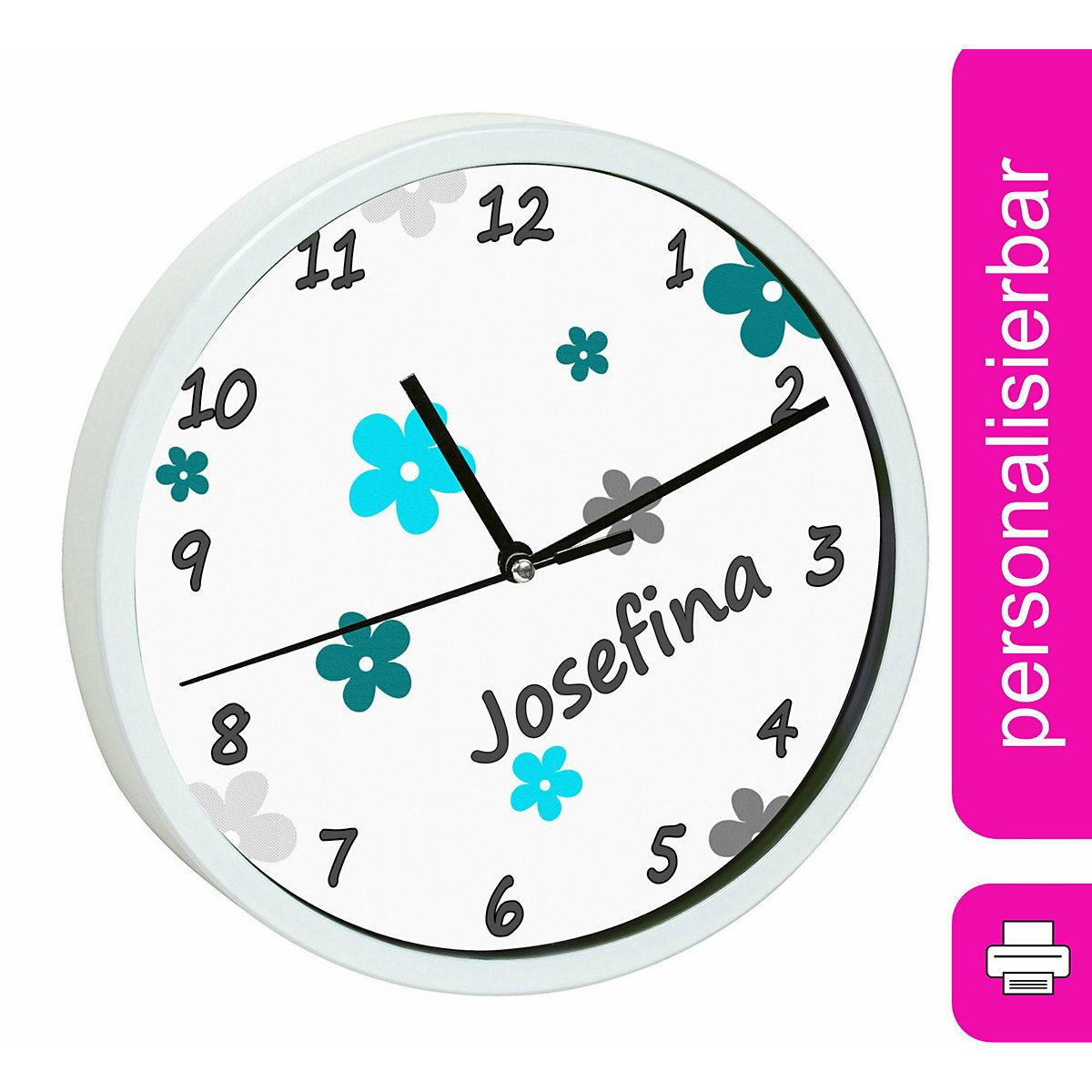 Kinder Wanduhr laufruhig personalisiert mit Name Blumen Türkis