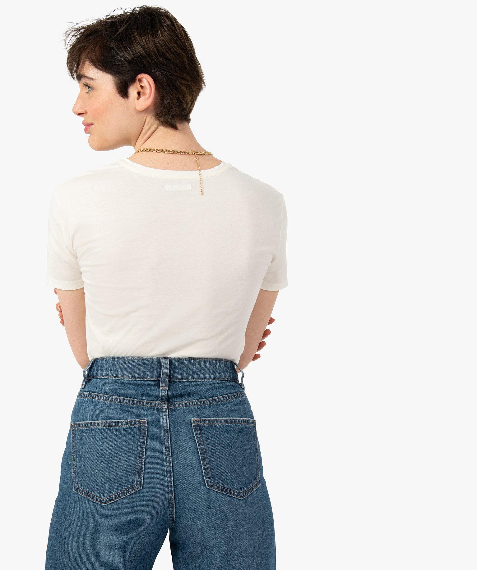Tee-shirt femme à manches courtes avec motif brodé ecru | GEMO