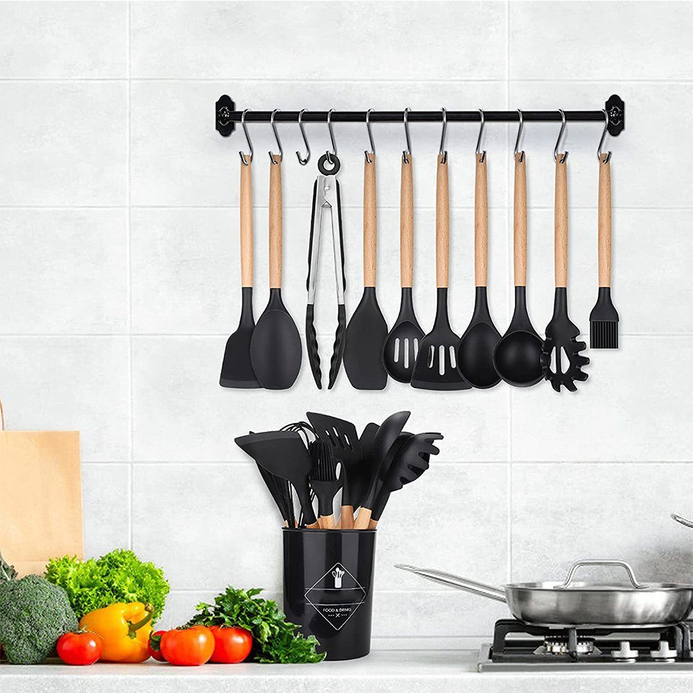 Bedee Kochbesteck-Set Küchenutensilien-Set, antihaftbeschichtet, Silikon, Küchenutensilien (11 Stück Kochutensilien Kochgeschirr Mit Aufhängeschlaufe, 11-tlg., Küchenutensilien), Spachtel-Set mit Halter, Holzgriff, hitzebeständiges Silikon