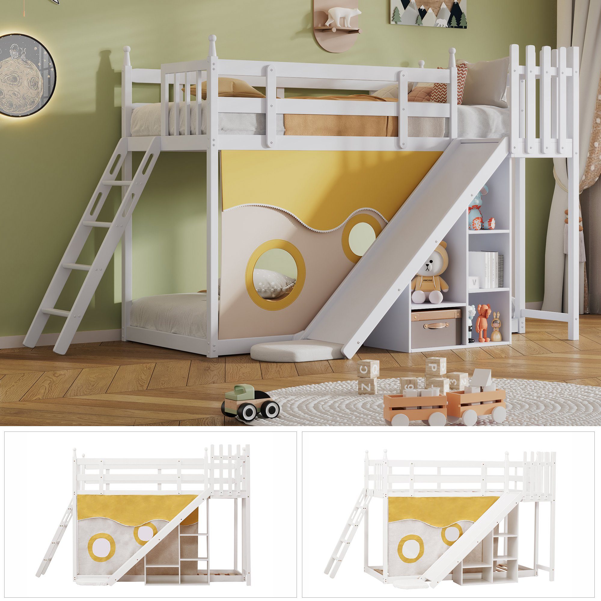 OKWISH Bett Kinderbett, Etagenbett, Holzbett mit Treppe und Zäune (mit Bettvorhang, Rutsche und Regal, mit Fallschutz und Gitter, Rahmen aus Kiefer, 90x200cm), Ohne Matratze