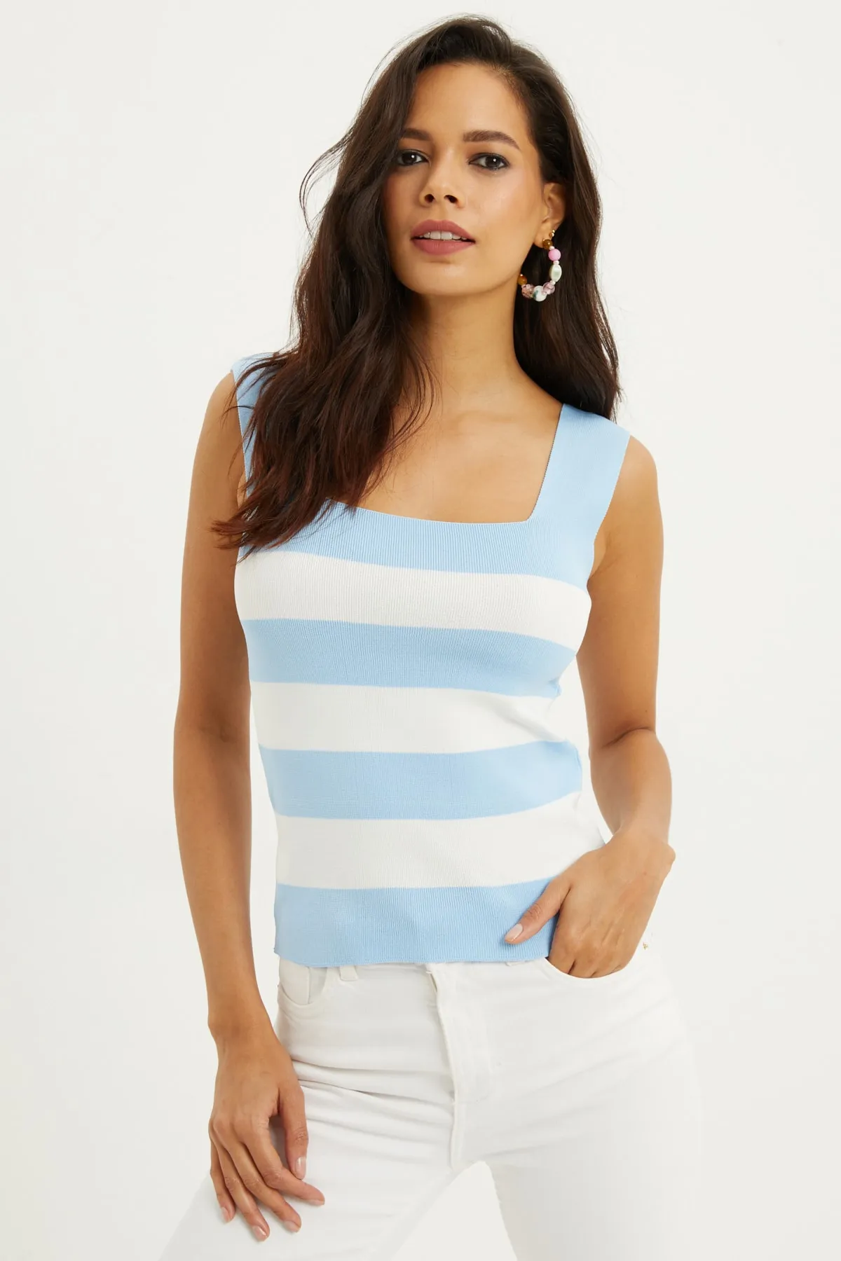 Cool & Sexy  Blau-weiße Strickbluse mit quadratischem Ausschnitt für Damen YV80