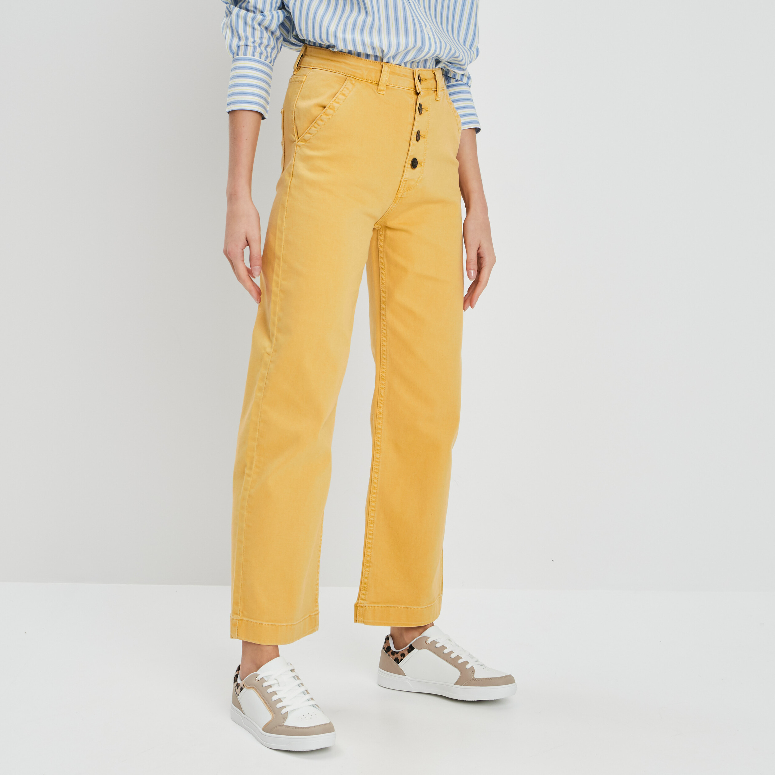 Pantalon jambe large 7 8ème boutonné jaune moutarde femme | La Halle
