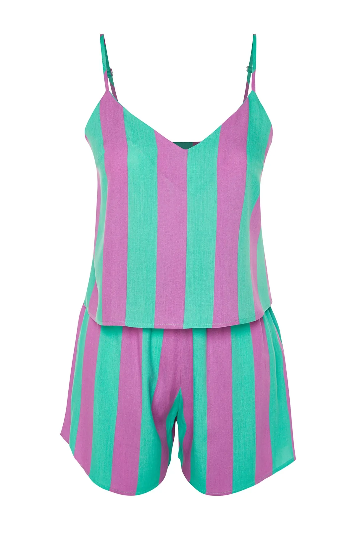 Trendyol Collection  Mehrfarbig gestreiftes Pyjama-Set aus Viskosegewebe mit Seilträgern THMSS23PT00225