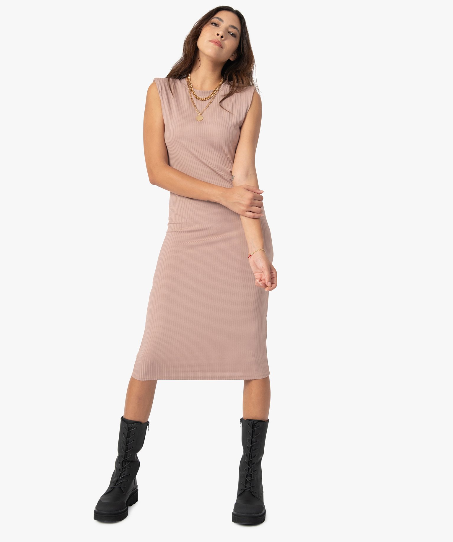 Robe femme en maille ctelée avec épaulettes | GEMO