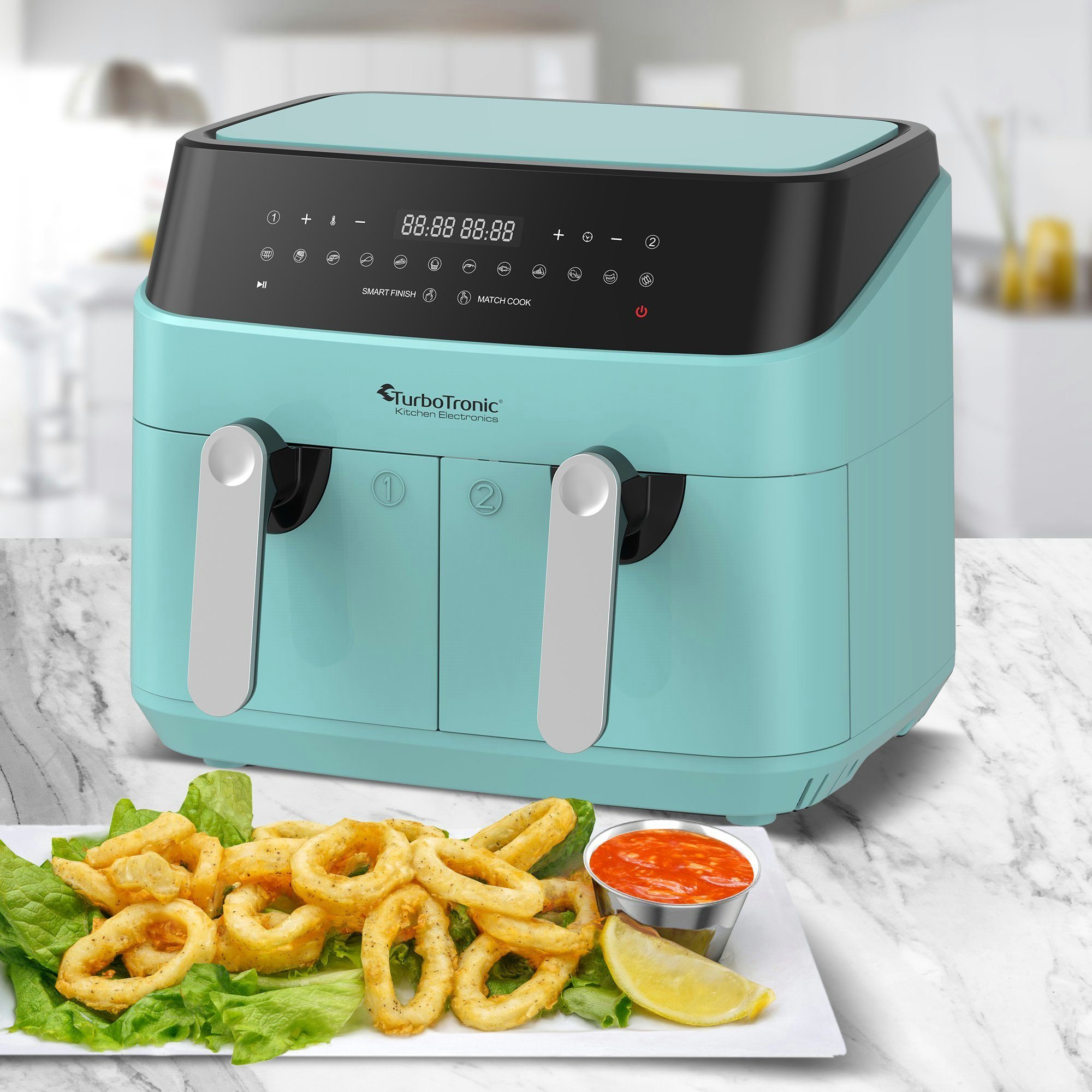 TurboTronic by Z-Line Heißluftfritteuse XXL Doppelkammer 2x 4,5 Liter, 50°C - 200°C, Power, dual, Camping, 1600 W, Fritteuse ohne Fett, digitaler doppel Airfryer Fettfrei