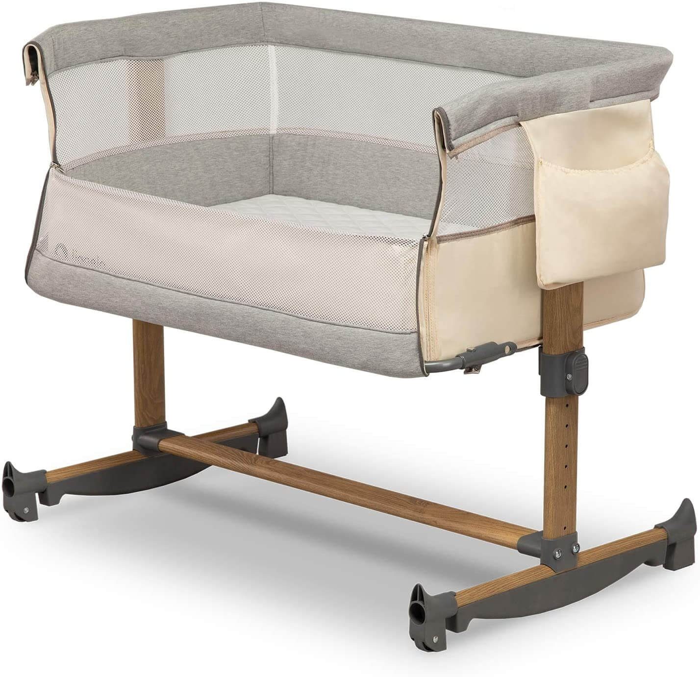 lionelo Kinderbett Leonie Beige Baby 3in1 Beistellbett Matratze Schaukelfunktion, 5-stufige Höhenverstellung, Neigungsverstellung, feststellbare Räder, Wiegefunktion durch umklappbare Beinenden