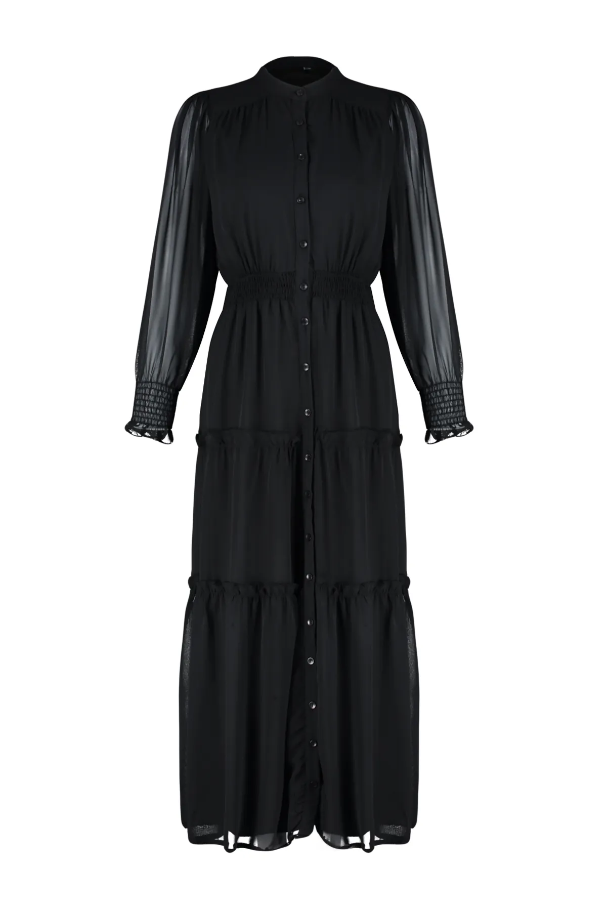Trendyol Modest  Schwarzes Hemdkleid aus gewebtem Chiffon mit Ärmeln und Taille und detailliertem Futter TCTSS24EB00046