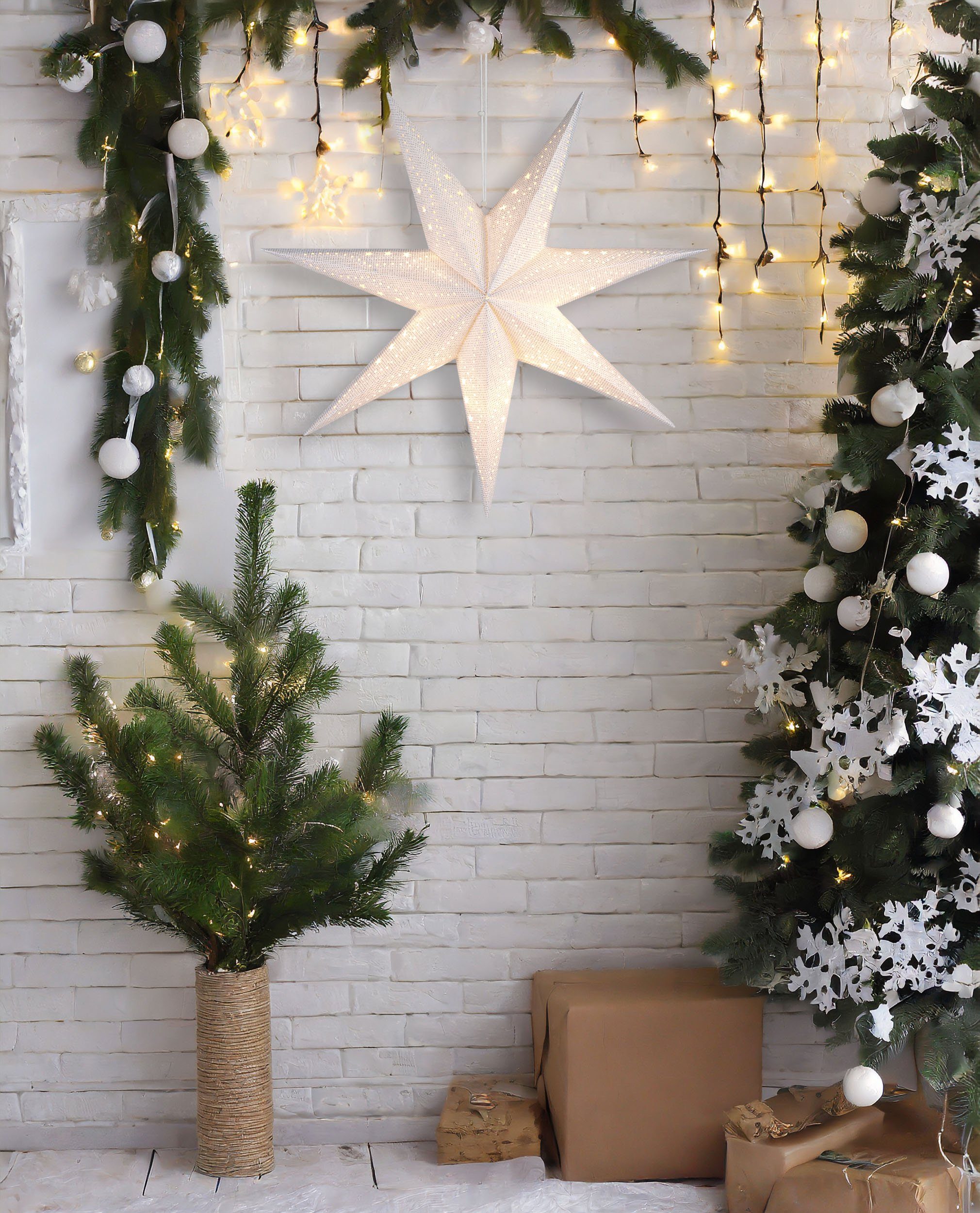 BRUBAKER LED Stern 3D Weihnachtsstern zum Aufhängen - LED Papierstern mit Timer, Batteriebetrieben und Beleuchtet, LED fest integriert, Warmweiß, 60 cm Adventsstern mit modernem Muster - Leuchtstern Deko Weihnachten