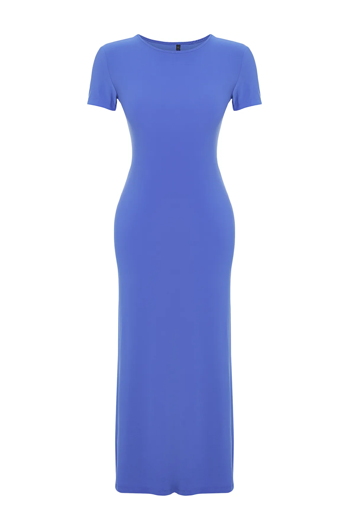 Trendyol Collection  Blaues kurzärmliges, figurbetontes Maxi-Bleistiftkleid mit Rundhalsausschnitt und flexiblem Strick TWOSS24EL00097
