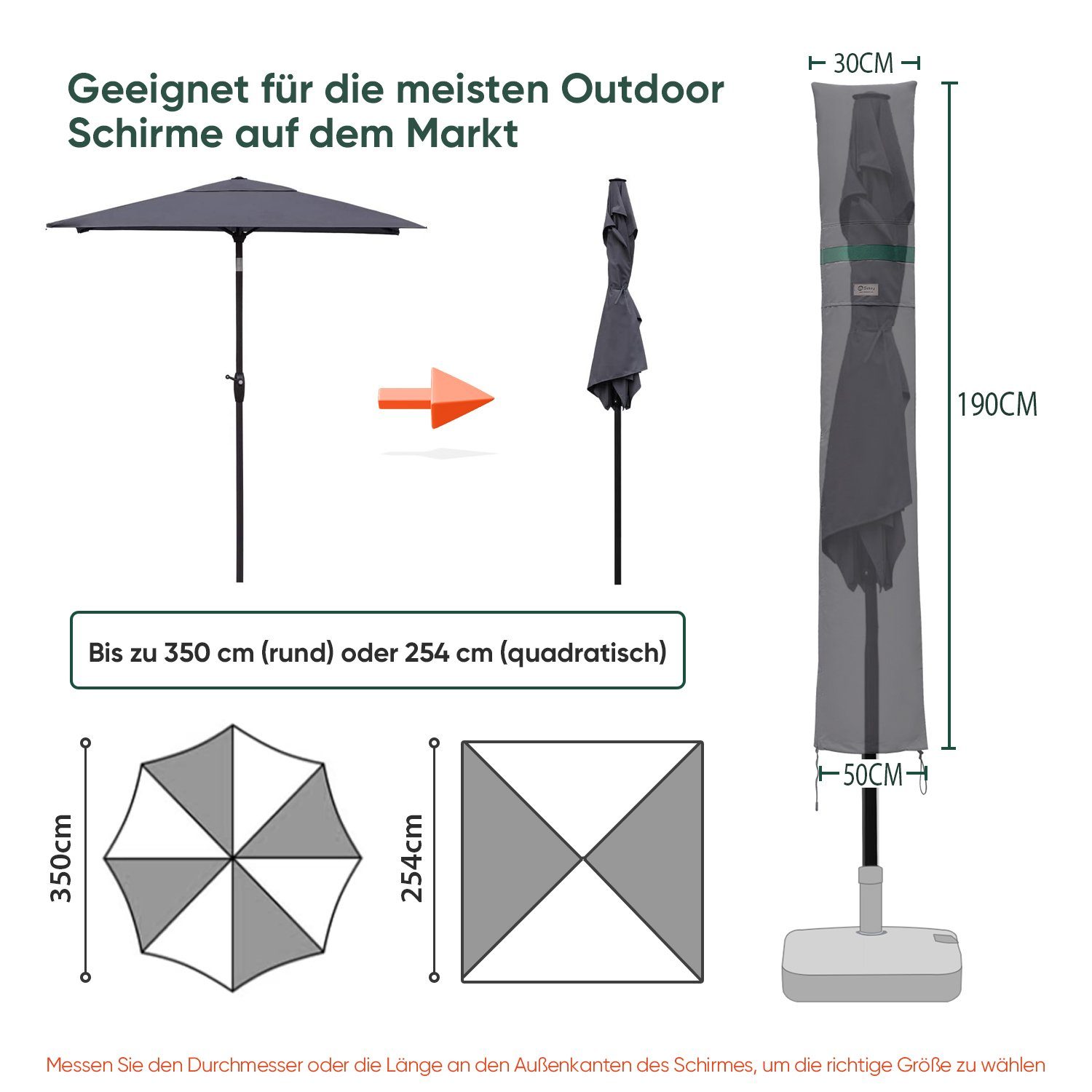 Sekey Sonnenschirm-Schutzhülle Marketschirm Abdeckhauben mit Stab und Reißverschluss, bis Ø 350 cm, für Sonnenschirme bis zu Ø 350 cm, eckige Sonnenschirme 200 x 300 cm