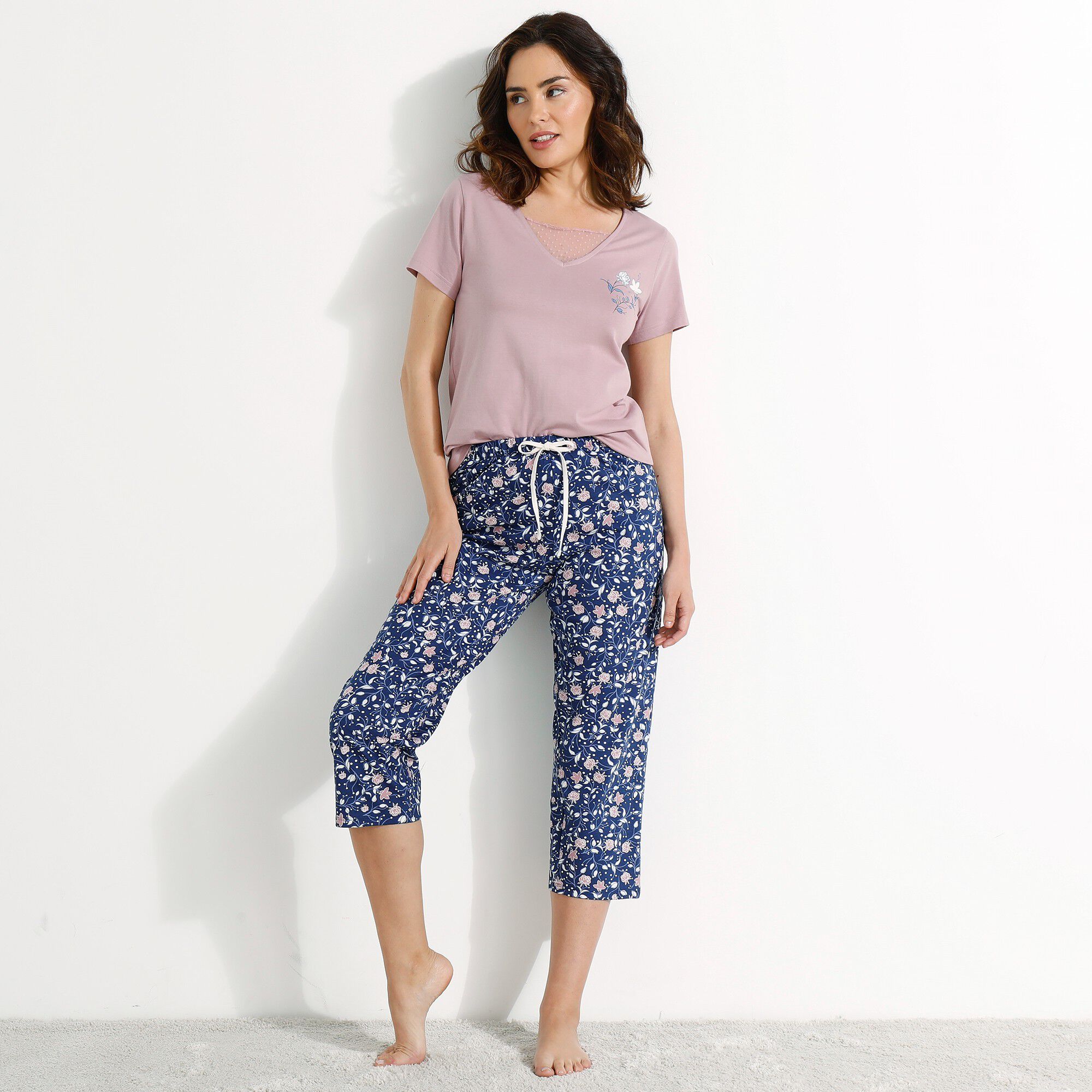 T- shirt pyjama manches courtes motif floral imprimé