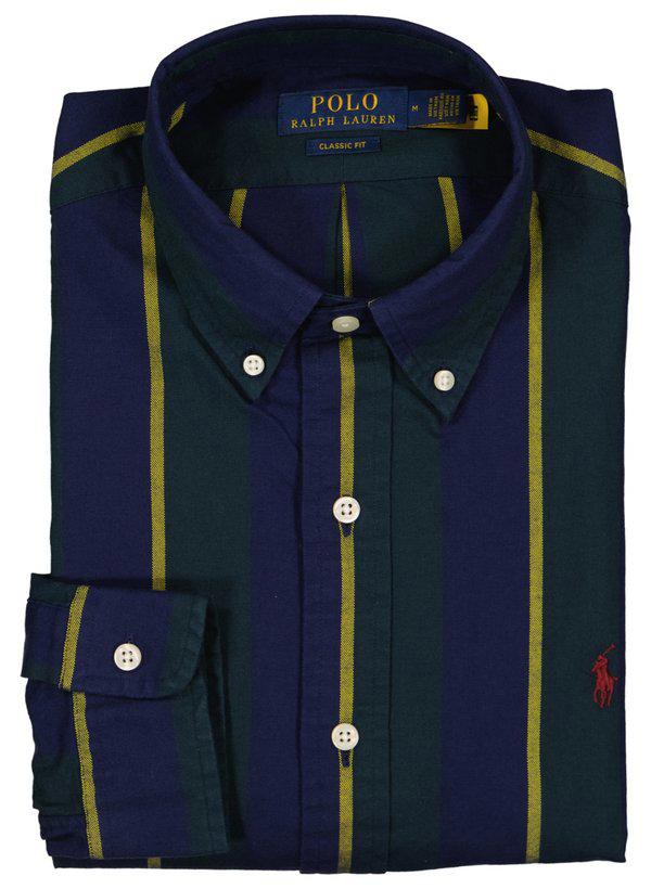 Polo Ralph Lauren, Hemd, Classic Fit, Baumwolle, navy-grün gestreift