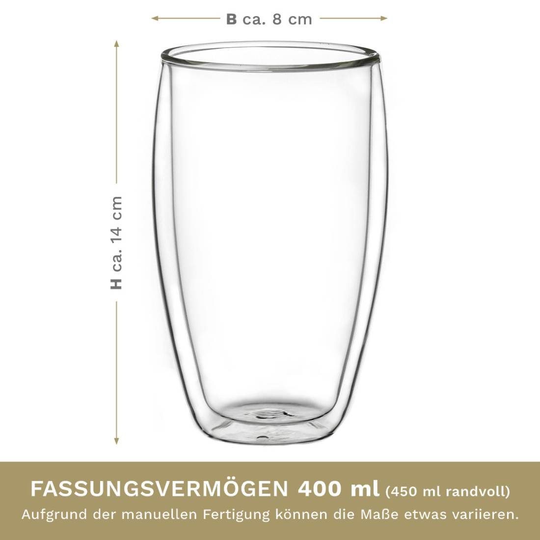 Creano Teeglas Creano doppelwandiges Thermoglas 400ml „DG-SH“, großes Doppelwandglas, Borosilikatglas, 6 Gläser