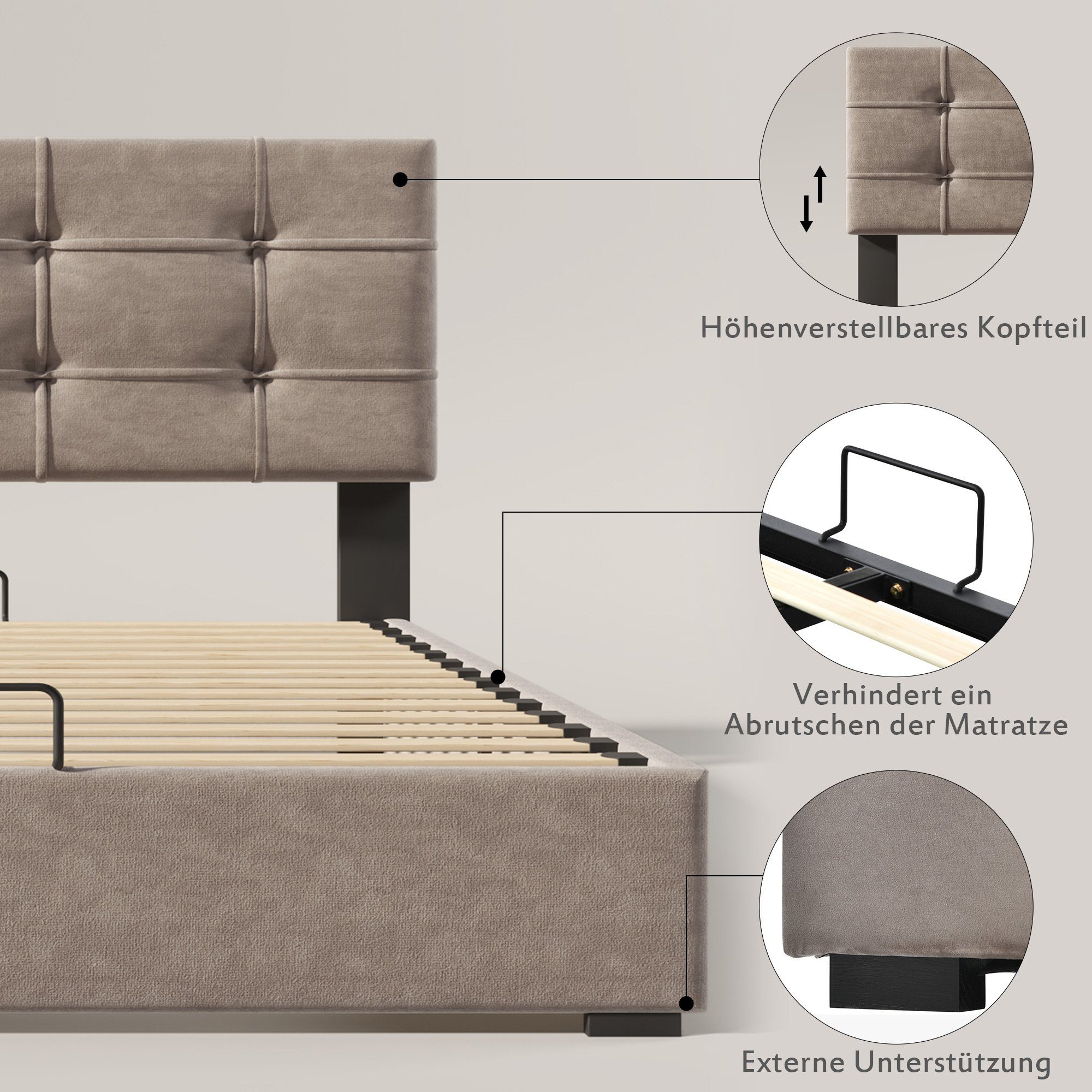 PHOEBE CAT Boxspringbett (Funktionsbett, Einzelbett mit Bettkasten, Lattenrost und verstellbarem Kopfteil), Polsterbett hydraulisches Bett 90x200 cm, Bezug aus Samt