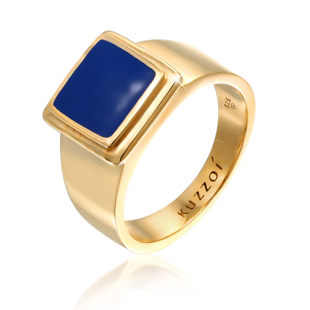 KUZZOI KUZZOI Bague Bague Signet Homme Carré Bleu avec émail en argent 925 plaqué or Bague