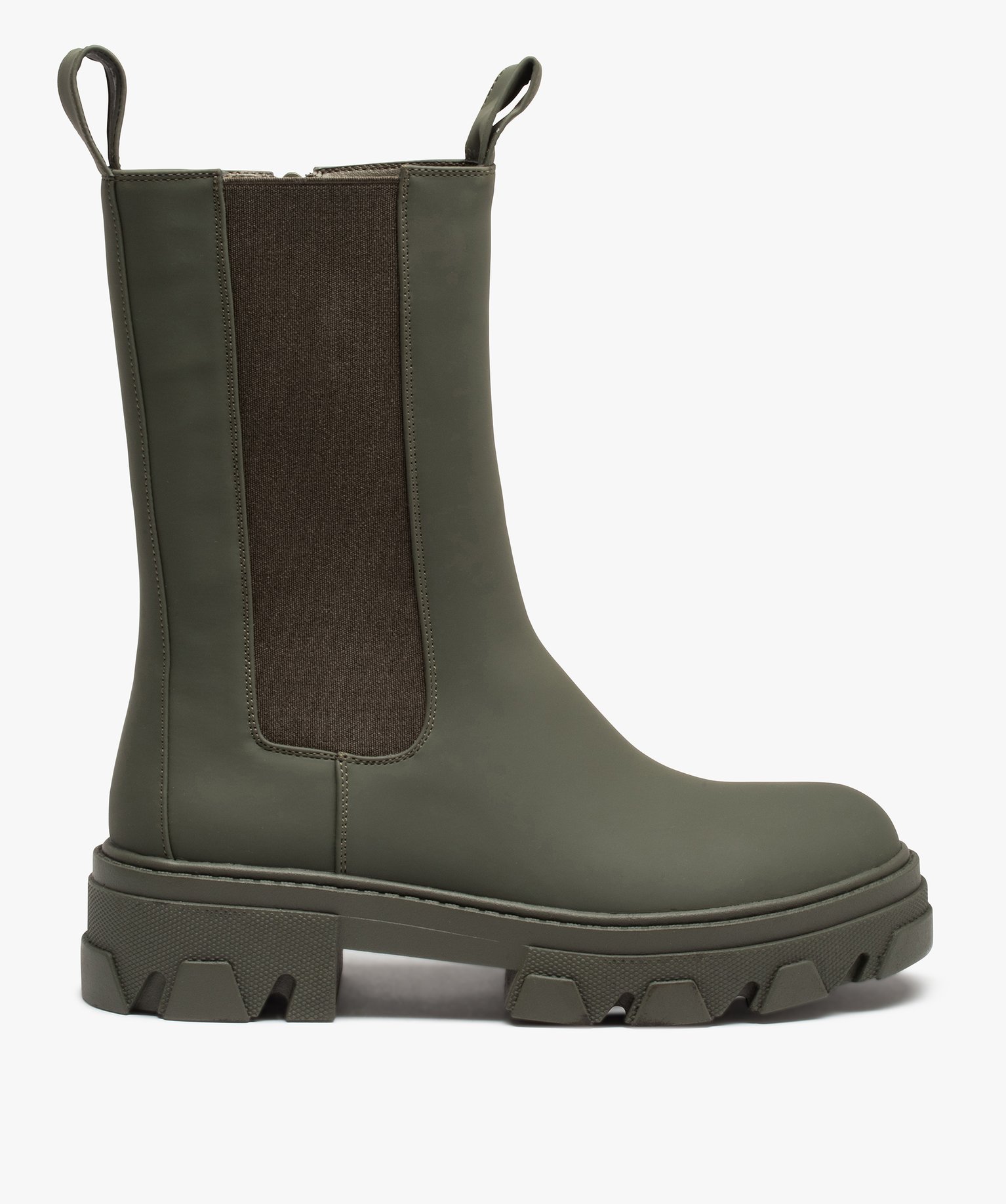 Boots femme Chelsea unies à semelle épaisse et crantée kaki | GEMO