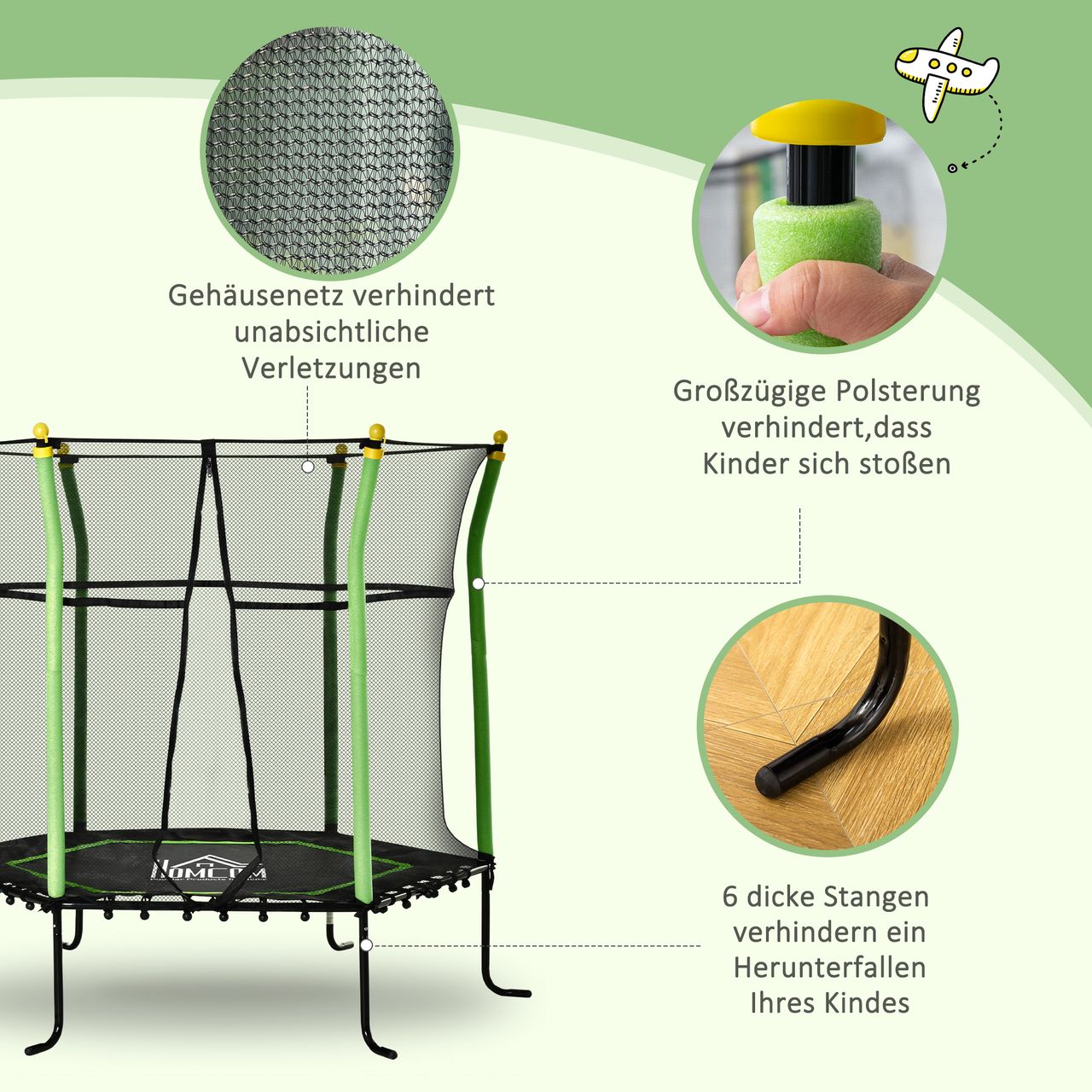 HOMCOM 5,3FT Trampolin für Kinder Gartentrampolin mit Sicherheitsnetz Randabdeckung Gummiseil gepolstert Fitness-Trampolin Mini-Trampoline mit Netz Stahl Grün 163,5H cm bis 60 kg