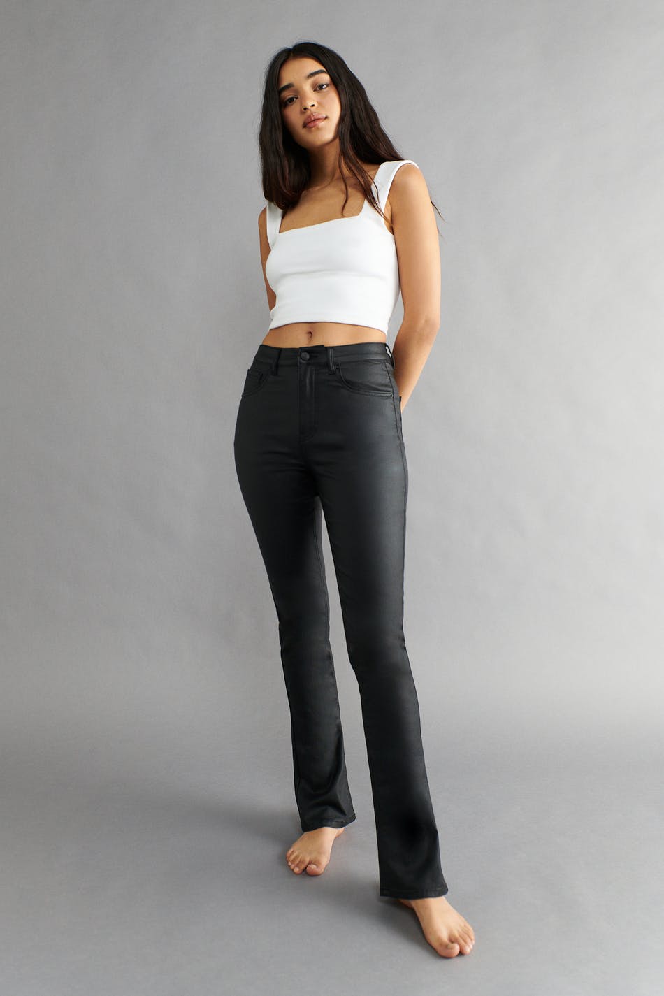 Coated bootcut jeans