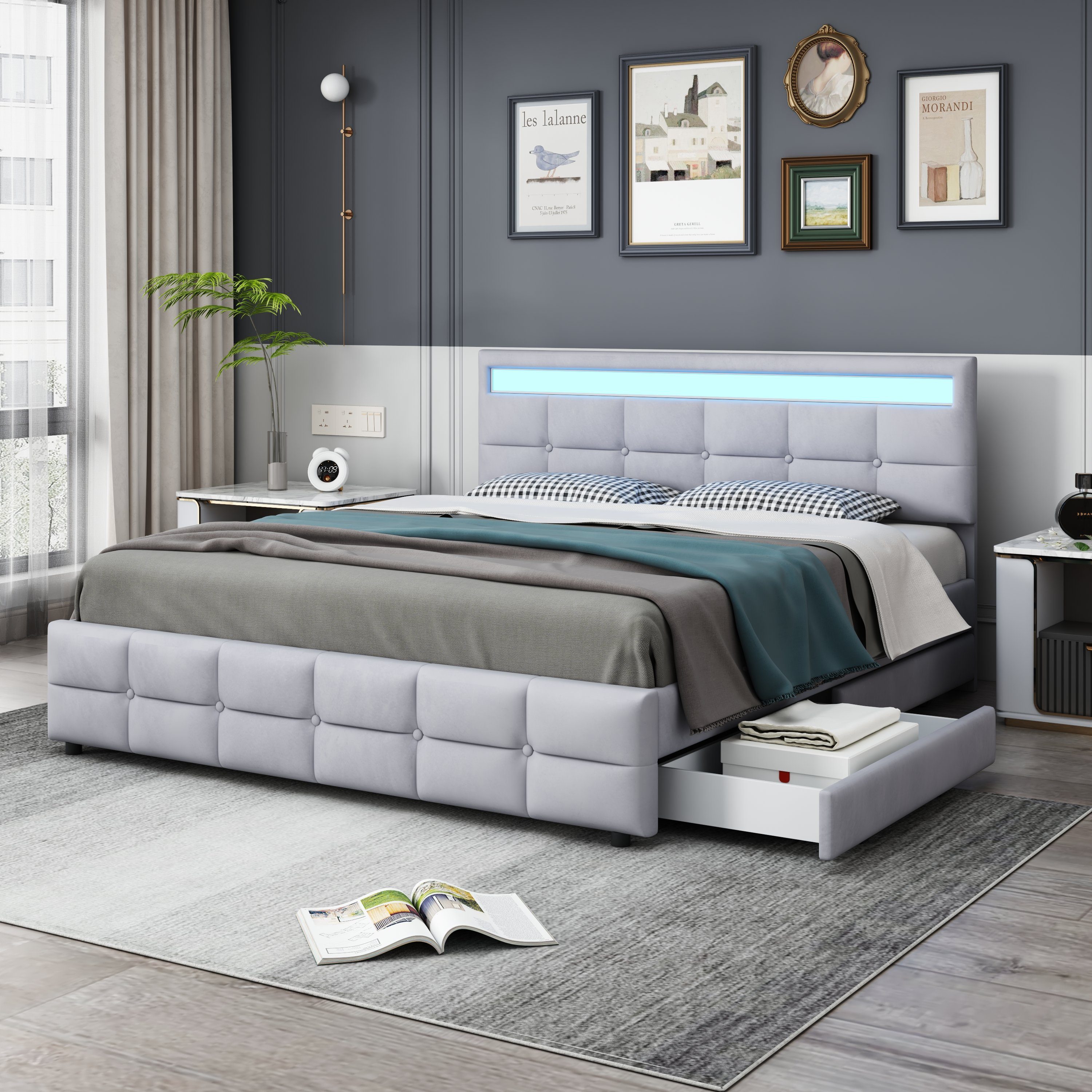 WISHDOR Polsterbett Doppelbett, Polsterbett mit 4 Schubladen 180 x 200 cm (Hautfreundliches Doppelbett aus Samtstoff für Erwachsene und Jugendliche, Lattenrost und Rückenlehne), ohne Matratze