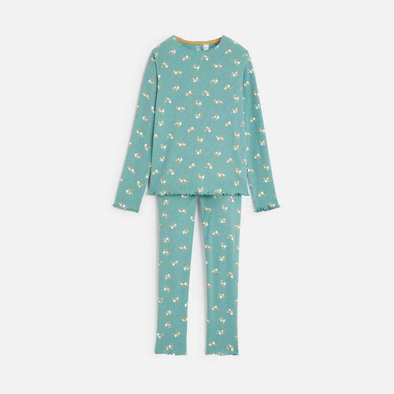 Pyjama en jersey pointelle imprimé vert fille