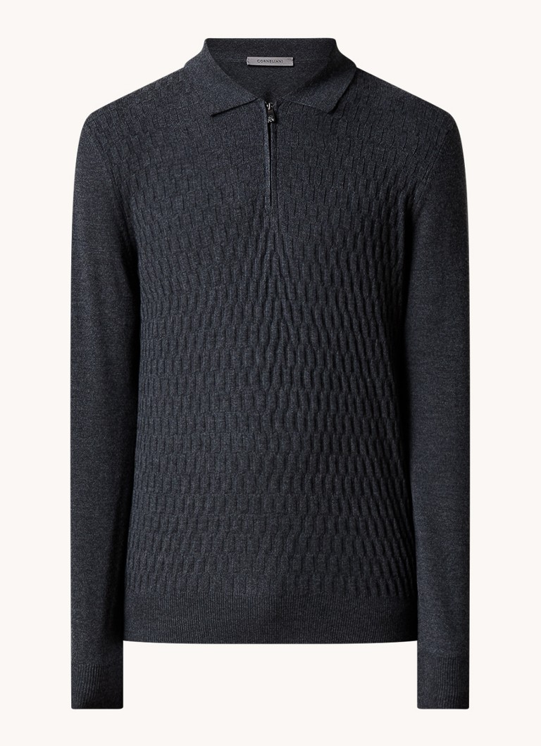 Corneliani Chunky knit virgin wool polo with texture and half zip