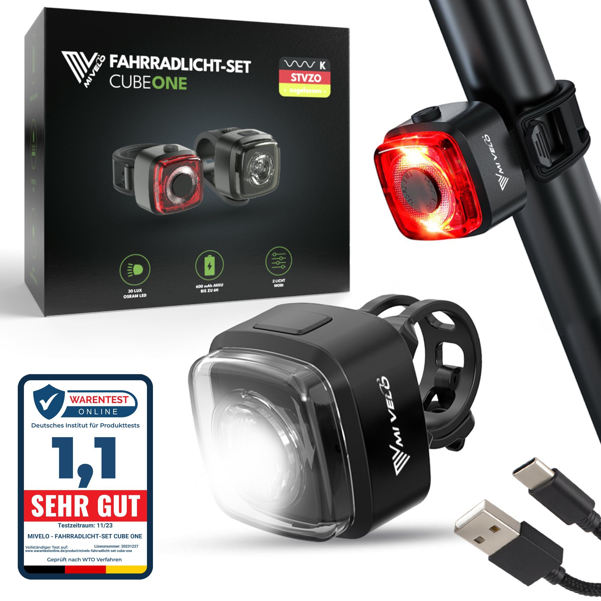MIVELO Fahrradbeleuchtung CUBE ONE Fahrradlicht Set USB aufladbar StVZO zugelassen wasserdicht
