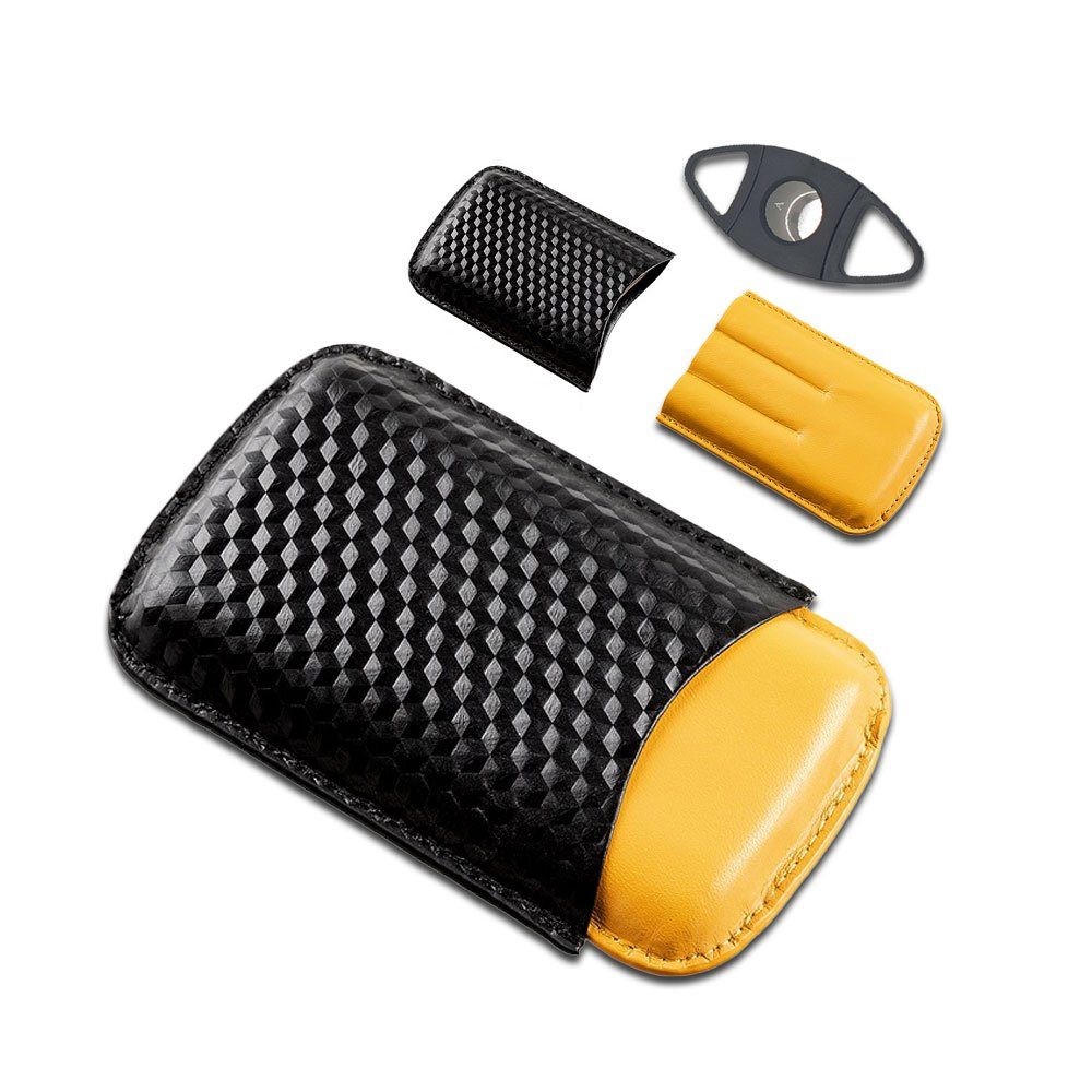 Coumo Humidor Zigarrenetui, 3er, Schwarz Gelb Design, Leder, Zigarrenschneider