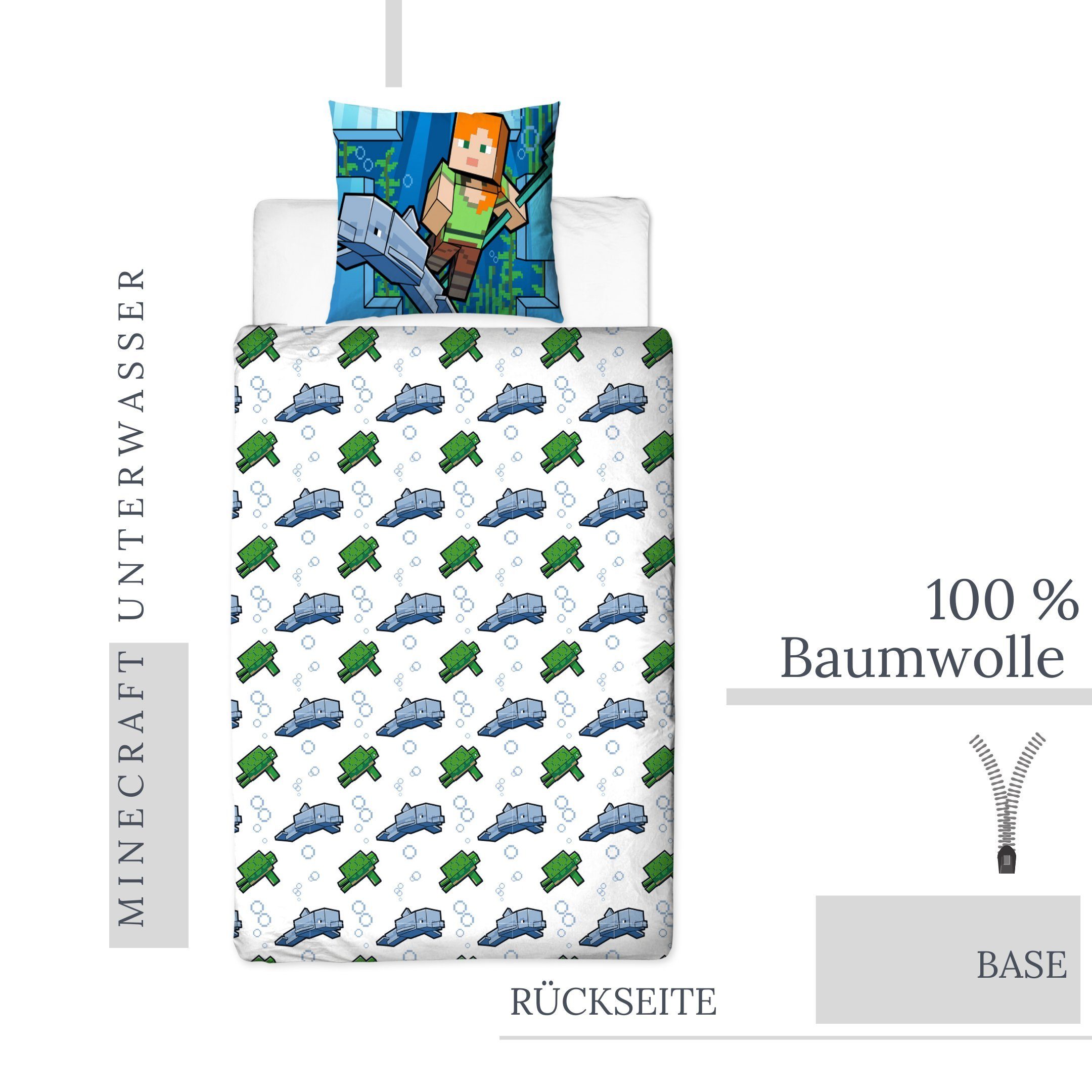 Bettwäsche Minecraft 135x200 + 80x80 cm, 100 % Baumwolle, MTOnlinehandel, Renforcé, 2 teilig, offiziell lizenzierte Kinder- und Jugendbettwäsche 