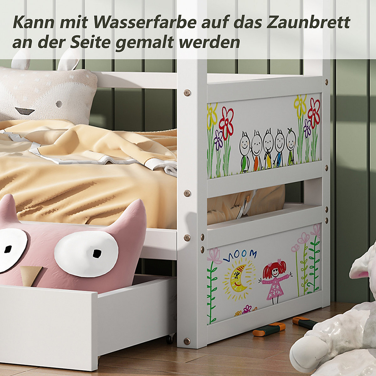Hausbett 90x200 cm mit 2 Schubladen und Rausfallschtutz, Dach und Fenstern