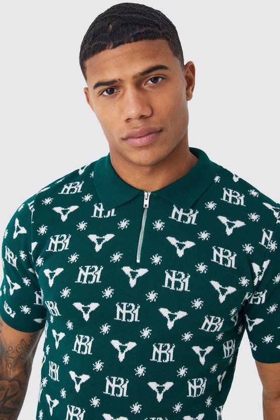 Muscle-Fit Jacquard Poloshirt mit halbem Reißverschluss