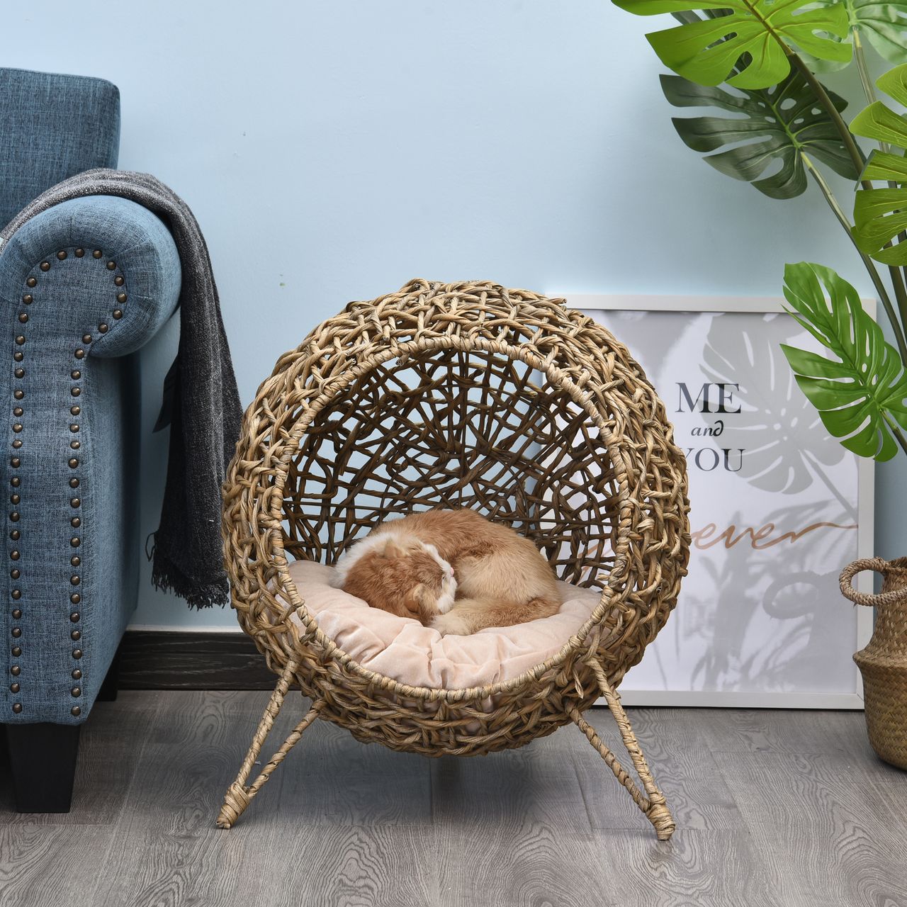 PawHut Katzenhaus aus PE-Rattan mit Kissen Katzenschlafplatz Katzenhöhle Natur