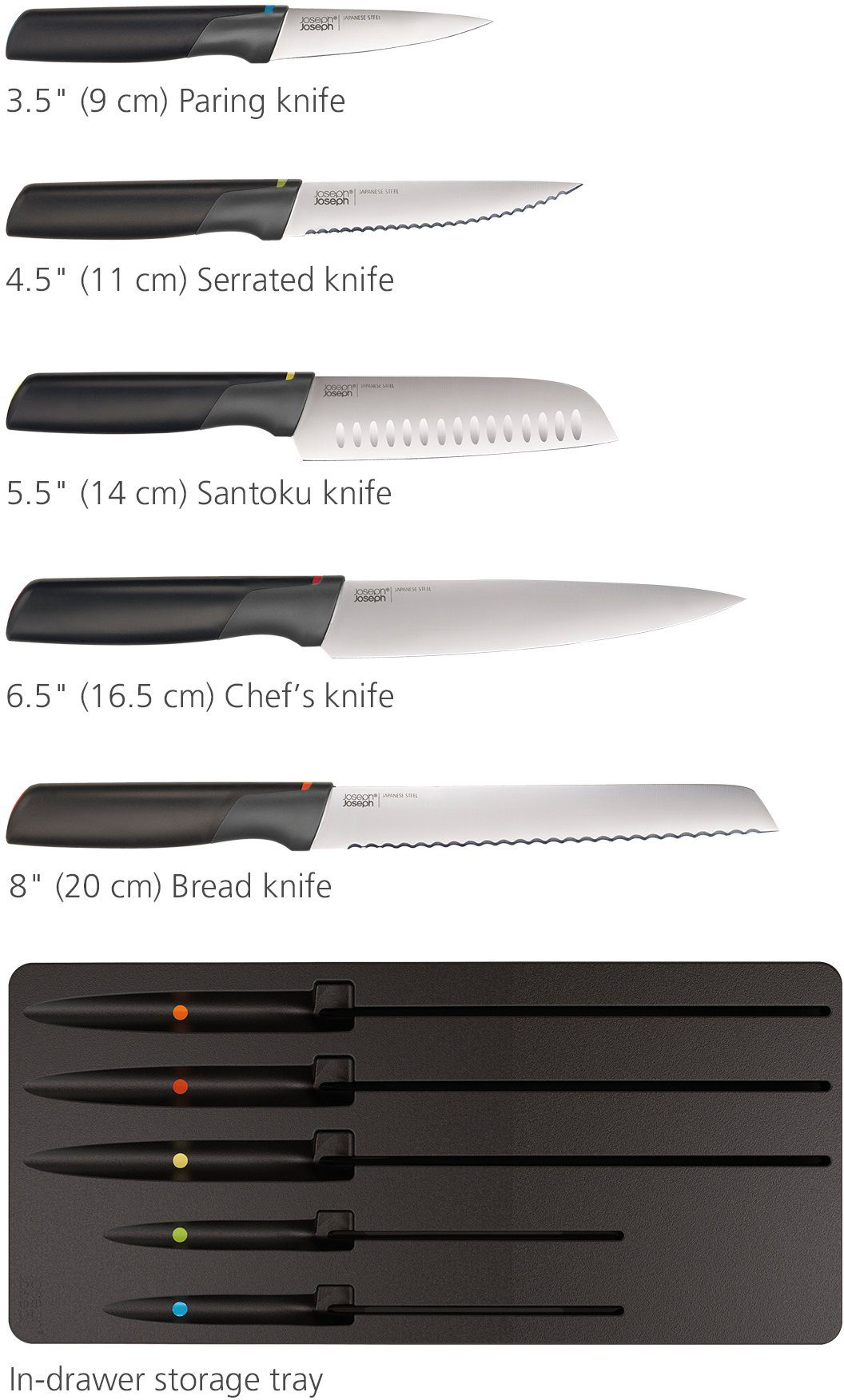 Joseph Joseph Messer-Set Elevate Knives Store (Set, 6-tlg), japanisches Edelstahl, Schubladeneinlage