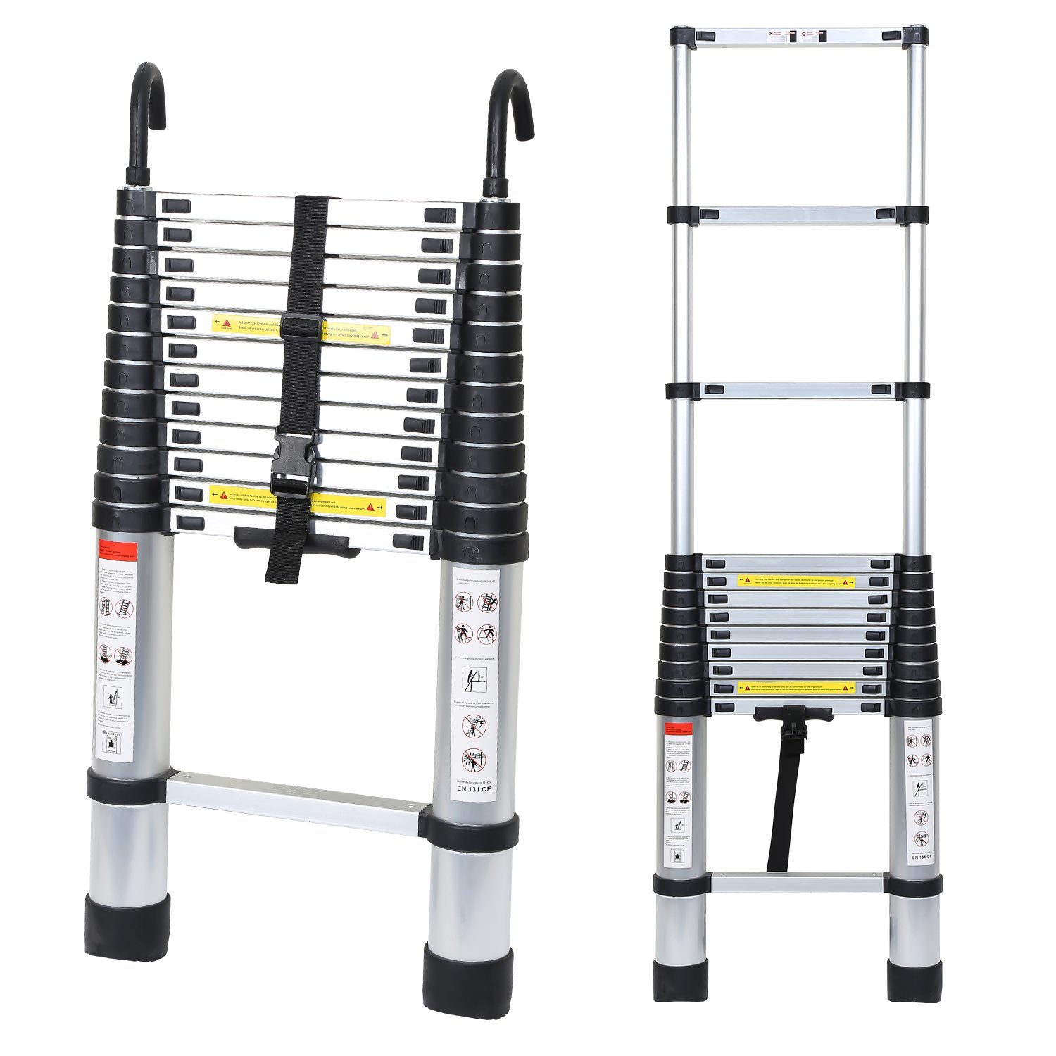 Gimisgu Teleskopleiter Teleskopleiter Alu 3.8m Ausziehleiter Anlegeleiter Silber mit haken