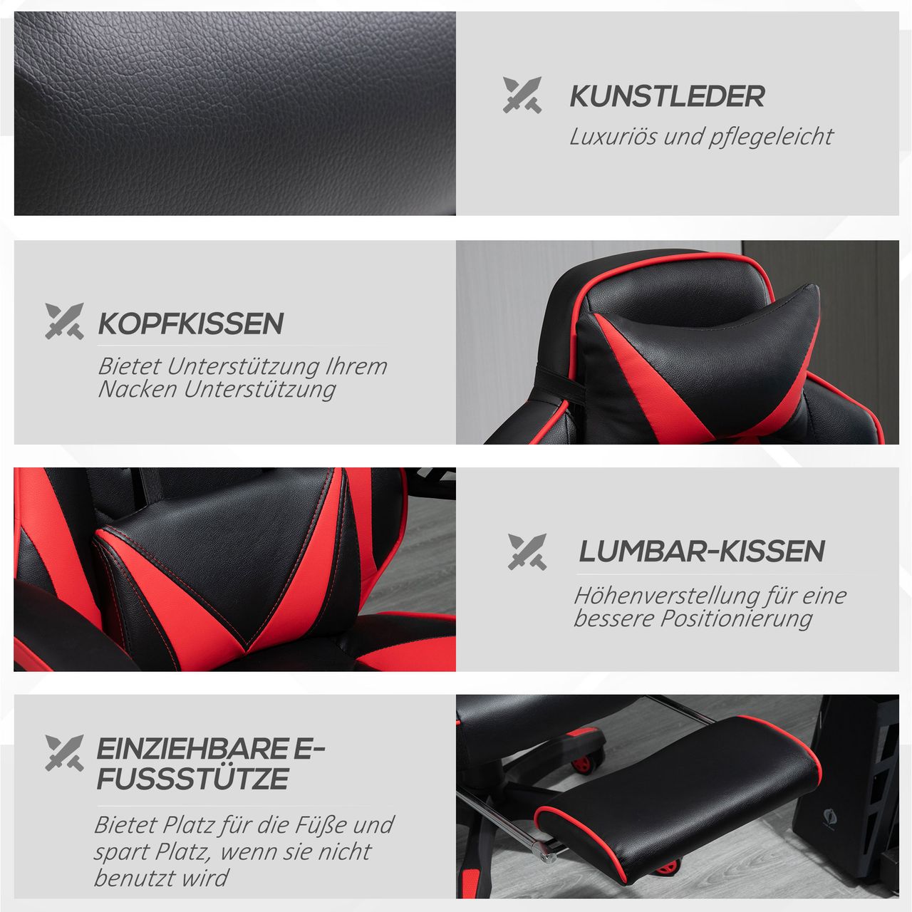 Vinsetto Ergonomischer Bürostuhl, Gaming Stuhl, Drehstuhl mit einziehbare Fußstütze und verstellbarer Rücken Schaumstoff PU-Leder Metall, Schwarz Rot, 65 x 70 x 118,5-128,5 cm