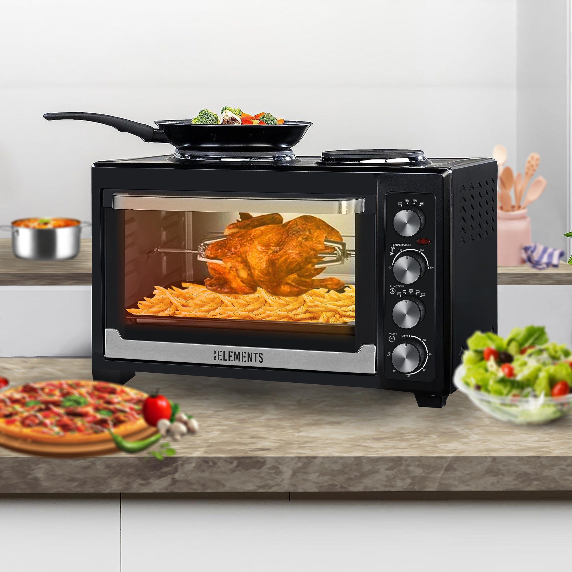 KB Elements Minibackofen ELK45V2, 45 Liter, 3200 Watt. 2x Kochplatten, Konvektionsgebläse