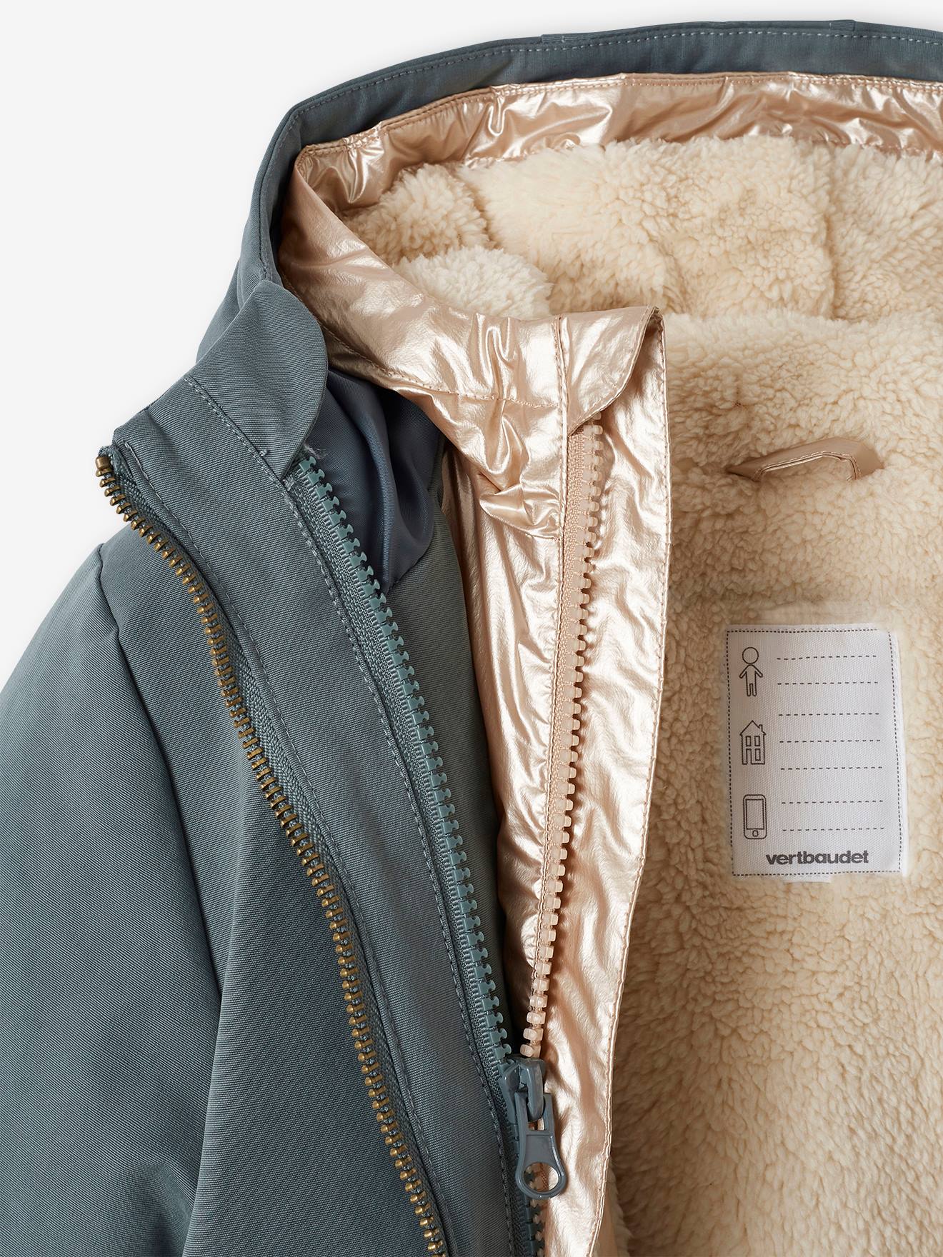 Parka à capuche 3 en 1 fille avec doudoune brillante doublée sherpa camel