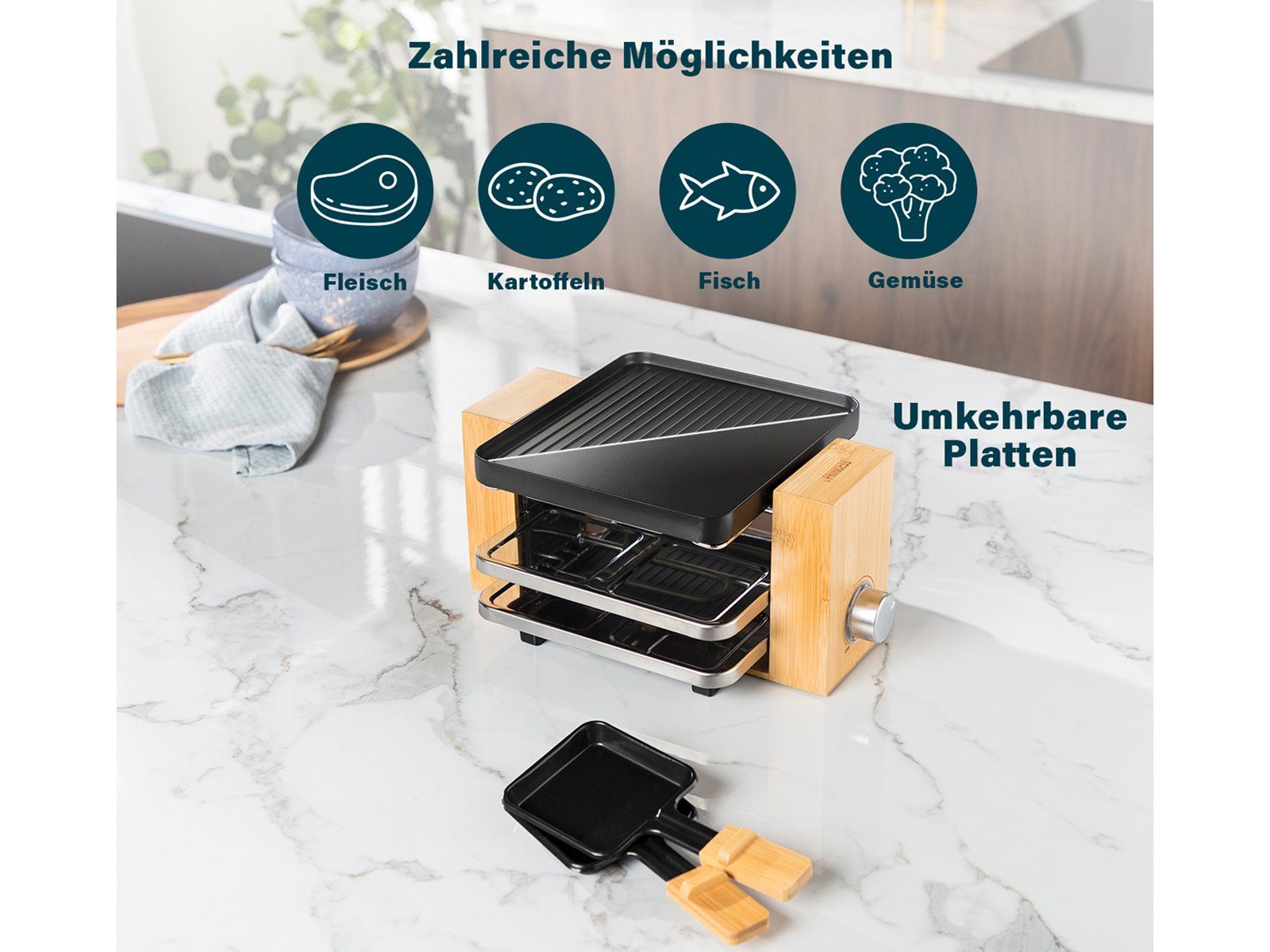 PRINCESS Raclette, 800 W, Kleiner Bambus Design Tischgrill für 2-4 Personen, Pfännchen Parkdeck